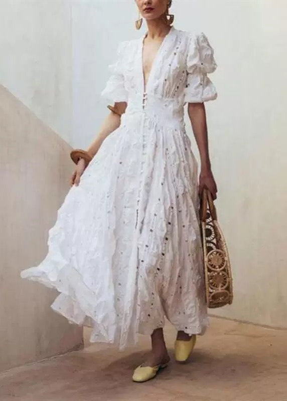 Lace Deep V-Neck Puff Sleeve Button Front Tiered Maxi Dress