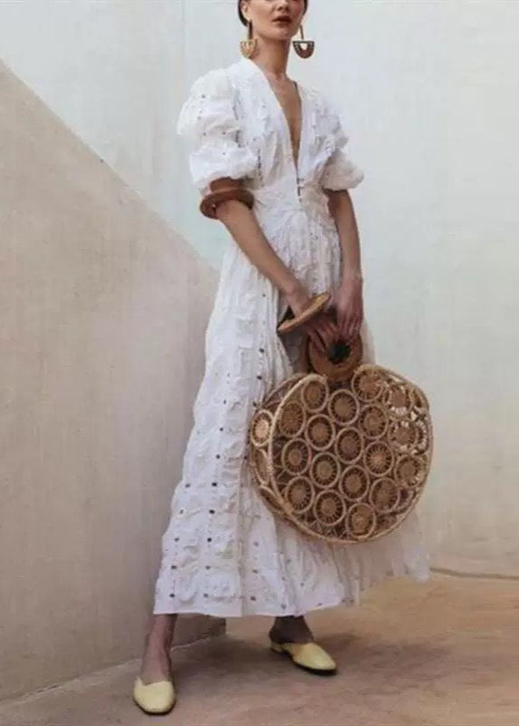 Lace Deep V-Neck Puff Sleeve Button Front Tiered Maxi Dress