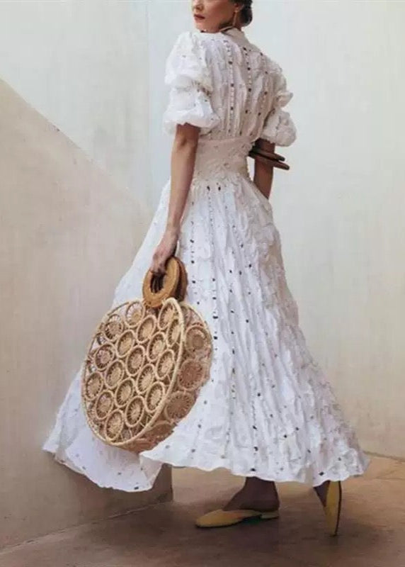 Lace Deep V-Neck Puff Sleeve Button Front Tiered Maxi Dress