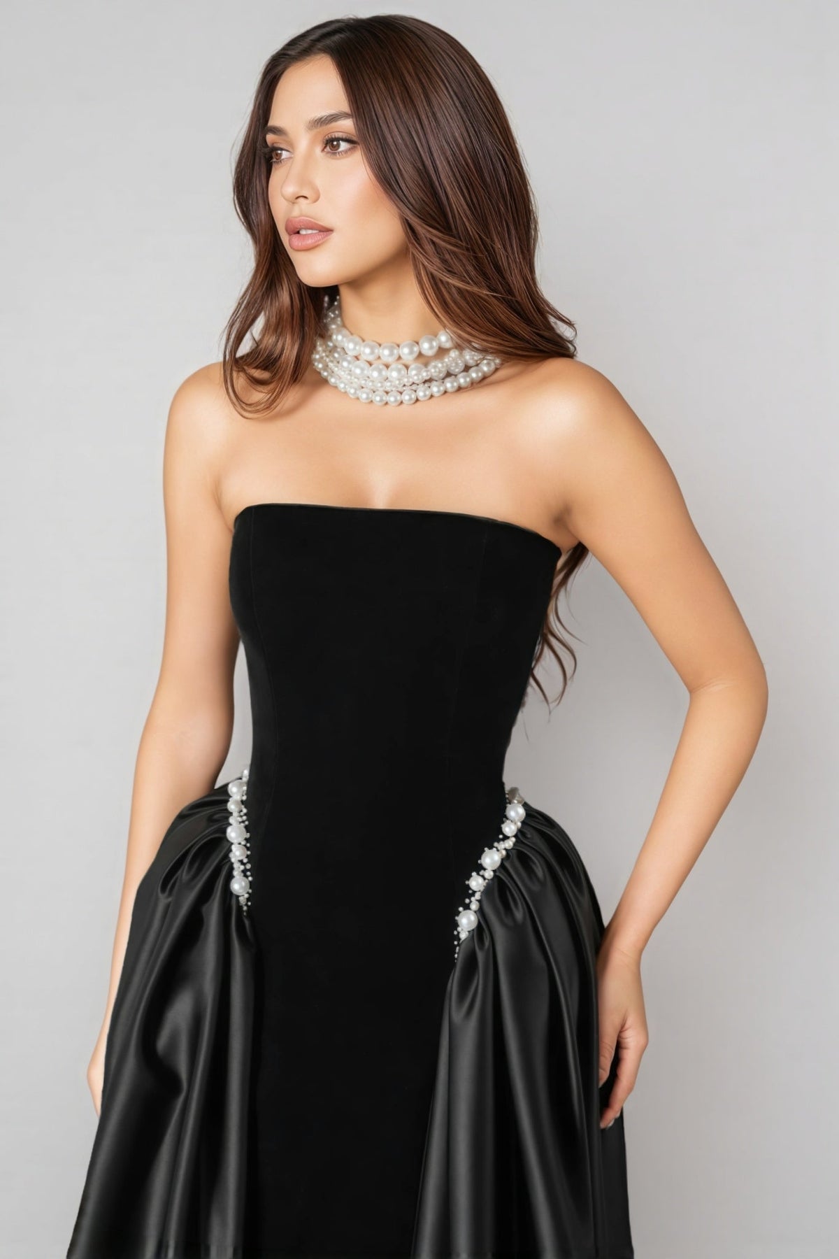 Velvet and Satin Strapless Embellished Overskirt Maxi Gown 2