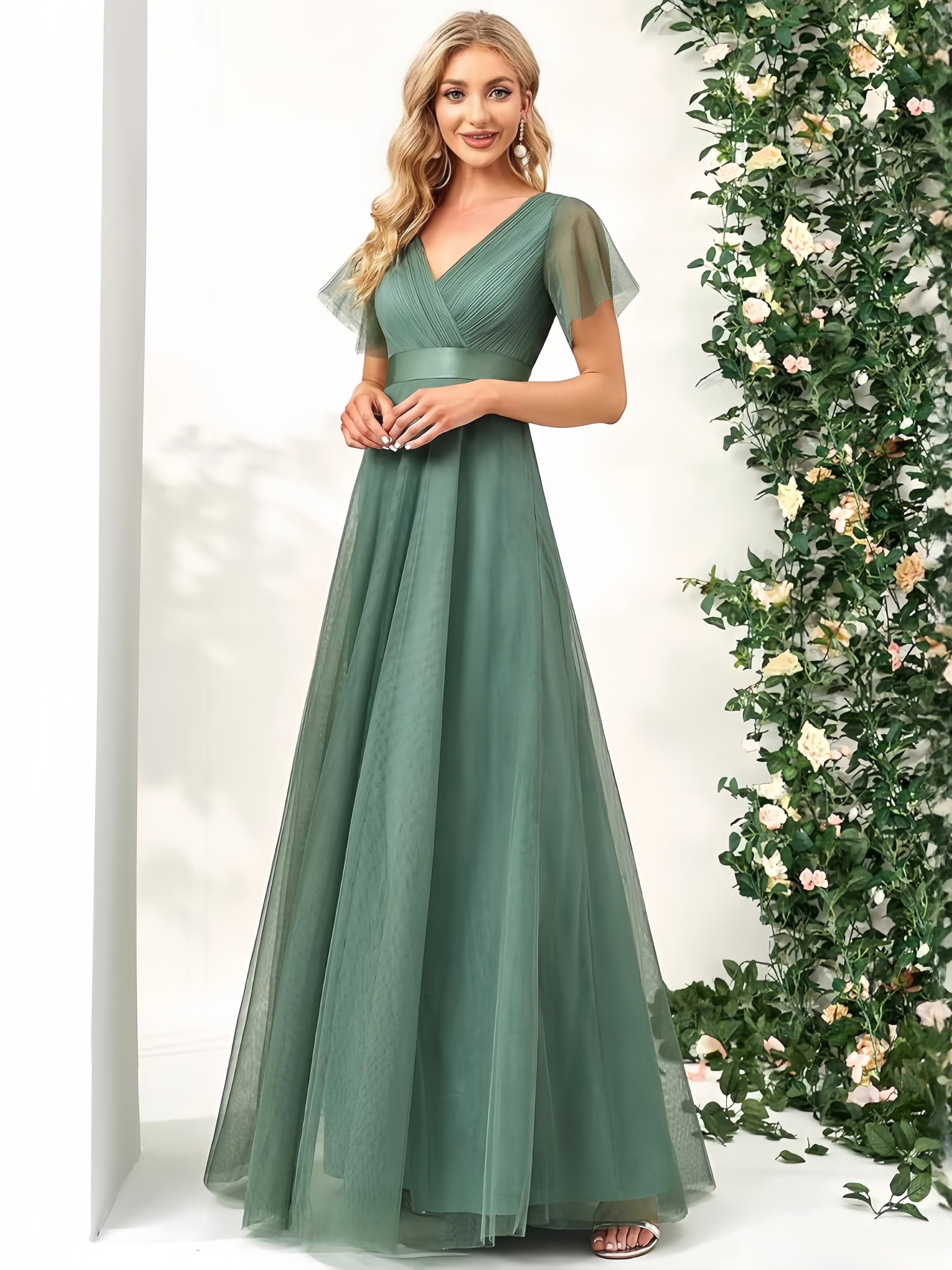 Mesh Flutter Sleeve Ruched Surplice V-Neck A-Line Maxi Gown