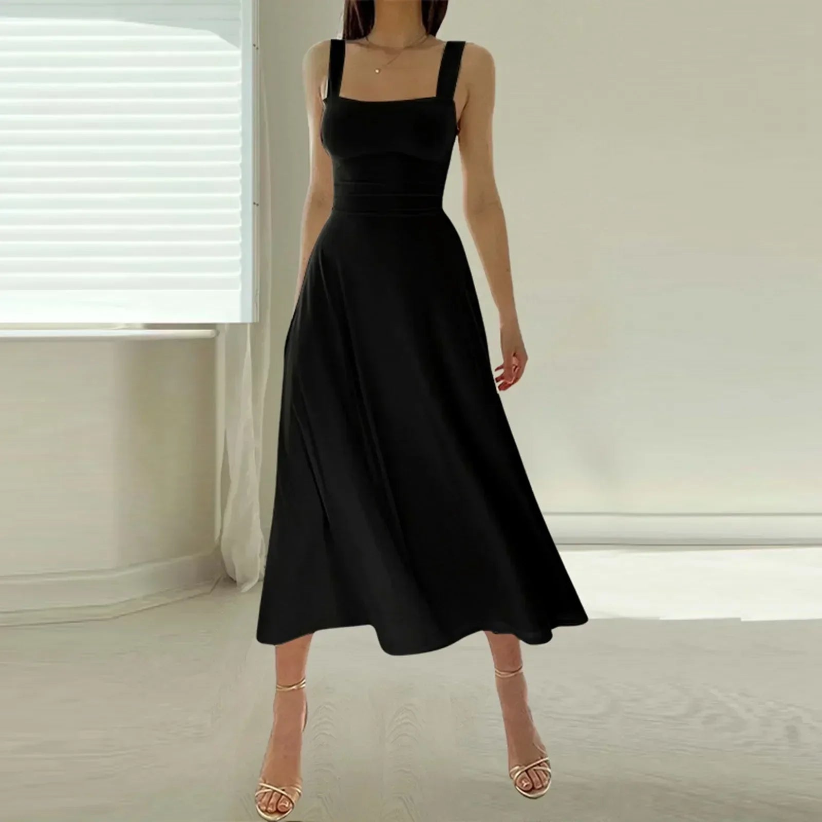 Square Neck Wide Strap Fitted Bodice A-Line Midi Dress