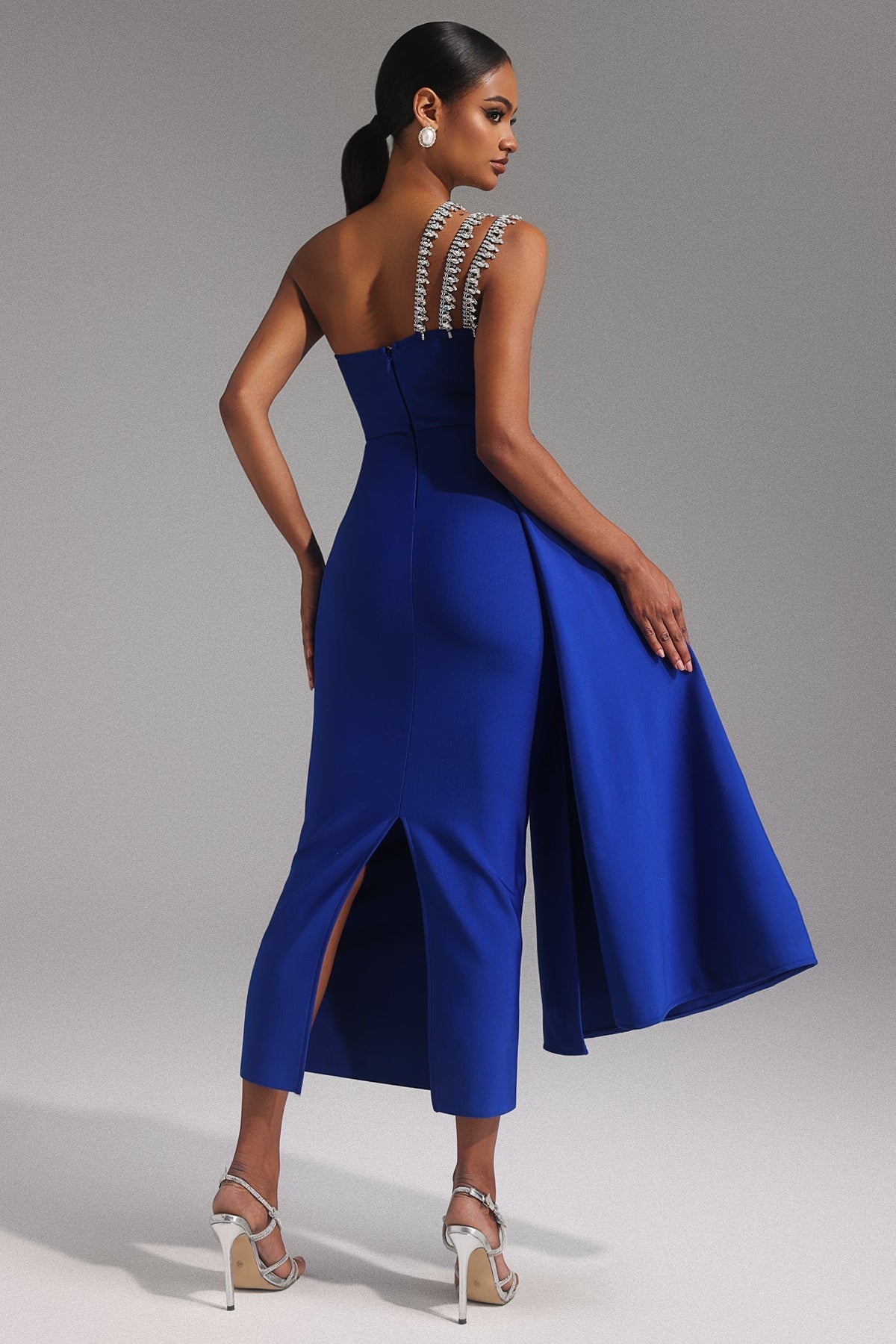 One Shoulder Rhinestone Fringe Strap Bandage Draped Maxi Dress 6