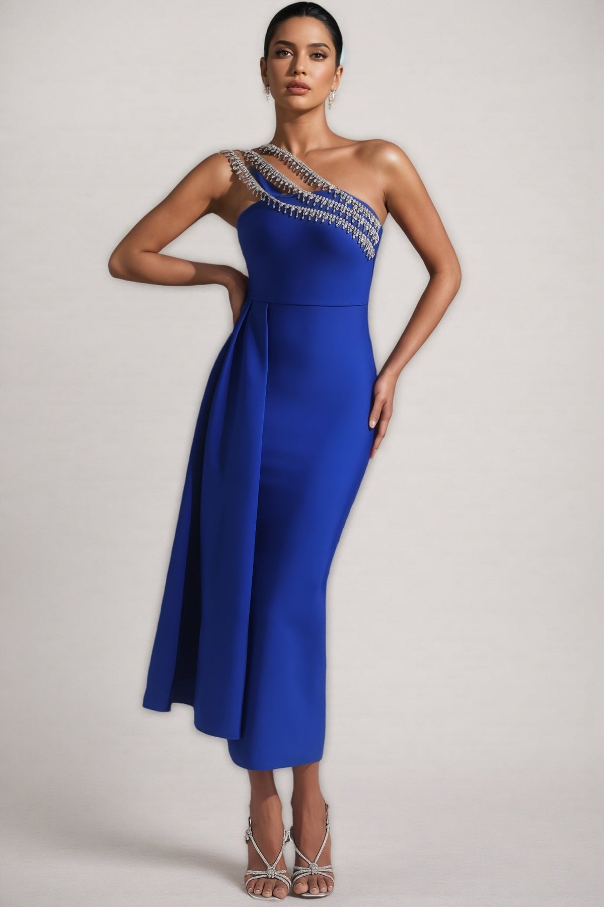 One Shoulder Rhinestone Strap Side Drape Bodycon Midi Dress