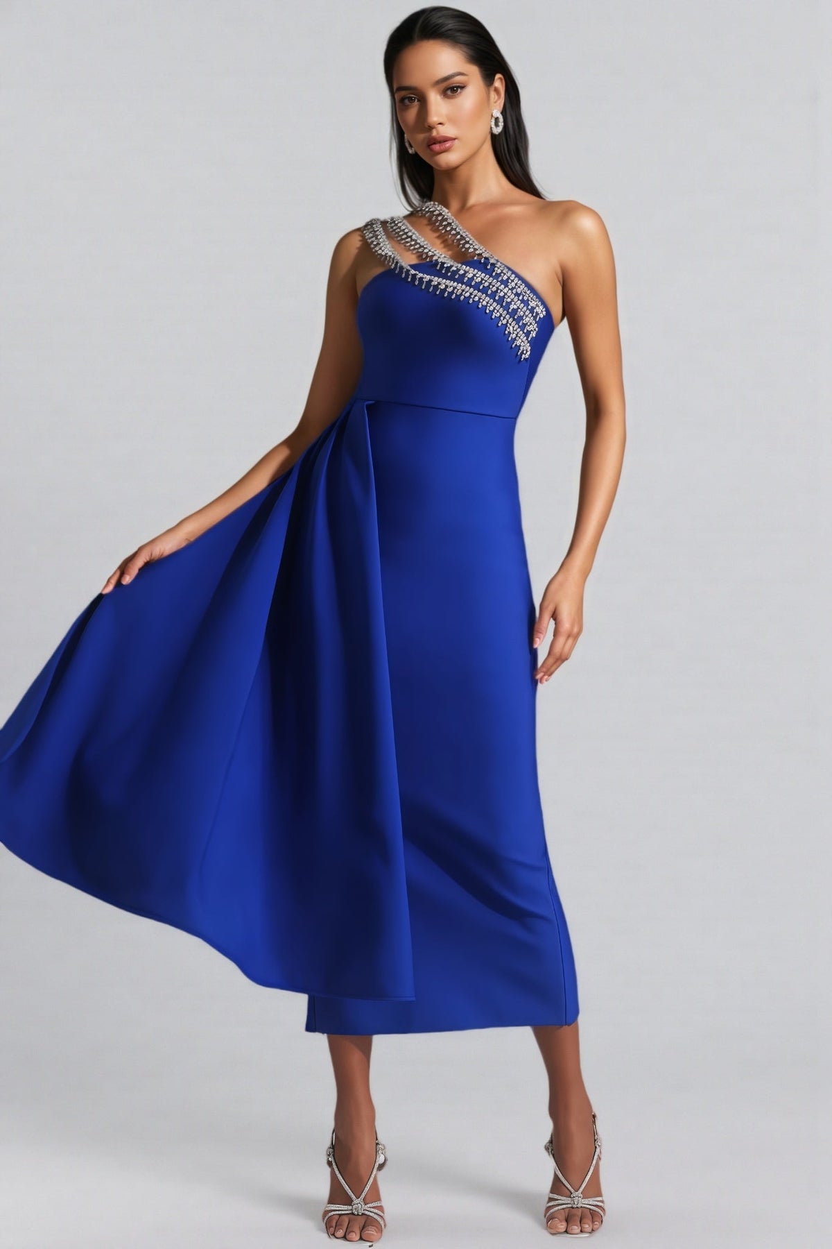 One Shoulder Rhinestone Strap Side Drape Bodycon Midi Dress 2