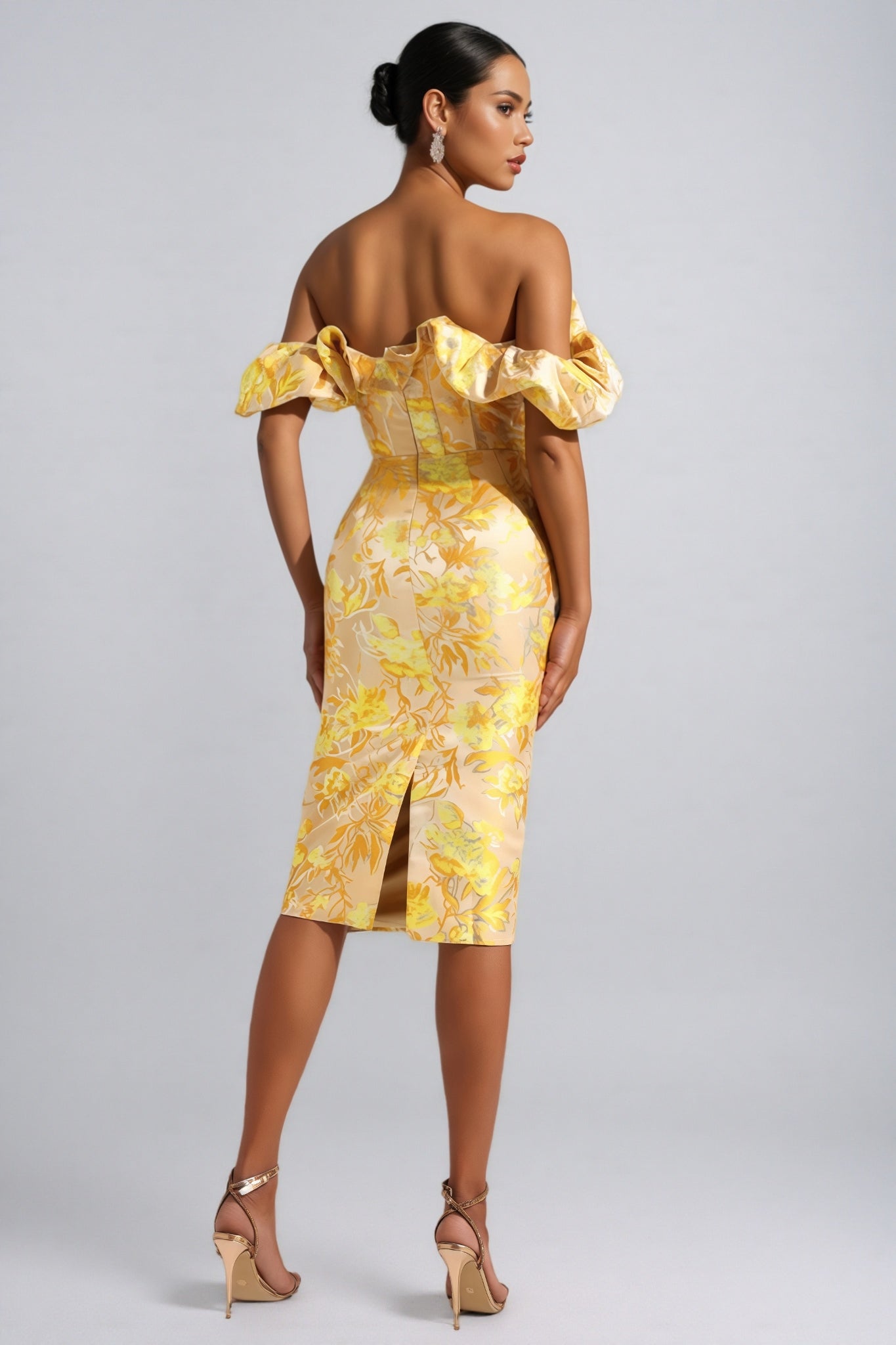 Floral Print Off Shoulder Sweetheart Puff Sleeve Ruched Bow Bodycon Midi Dress