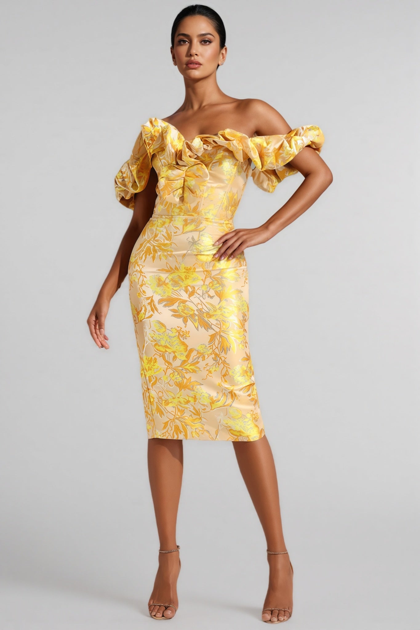 Floral Print Off Shoulder Sweetheart Puff Sleeve Ruched Bow Bodycon Midi Dress
