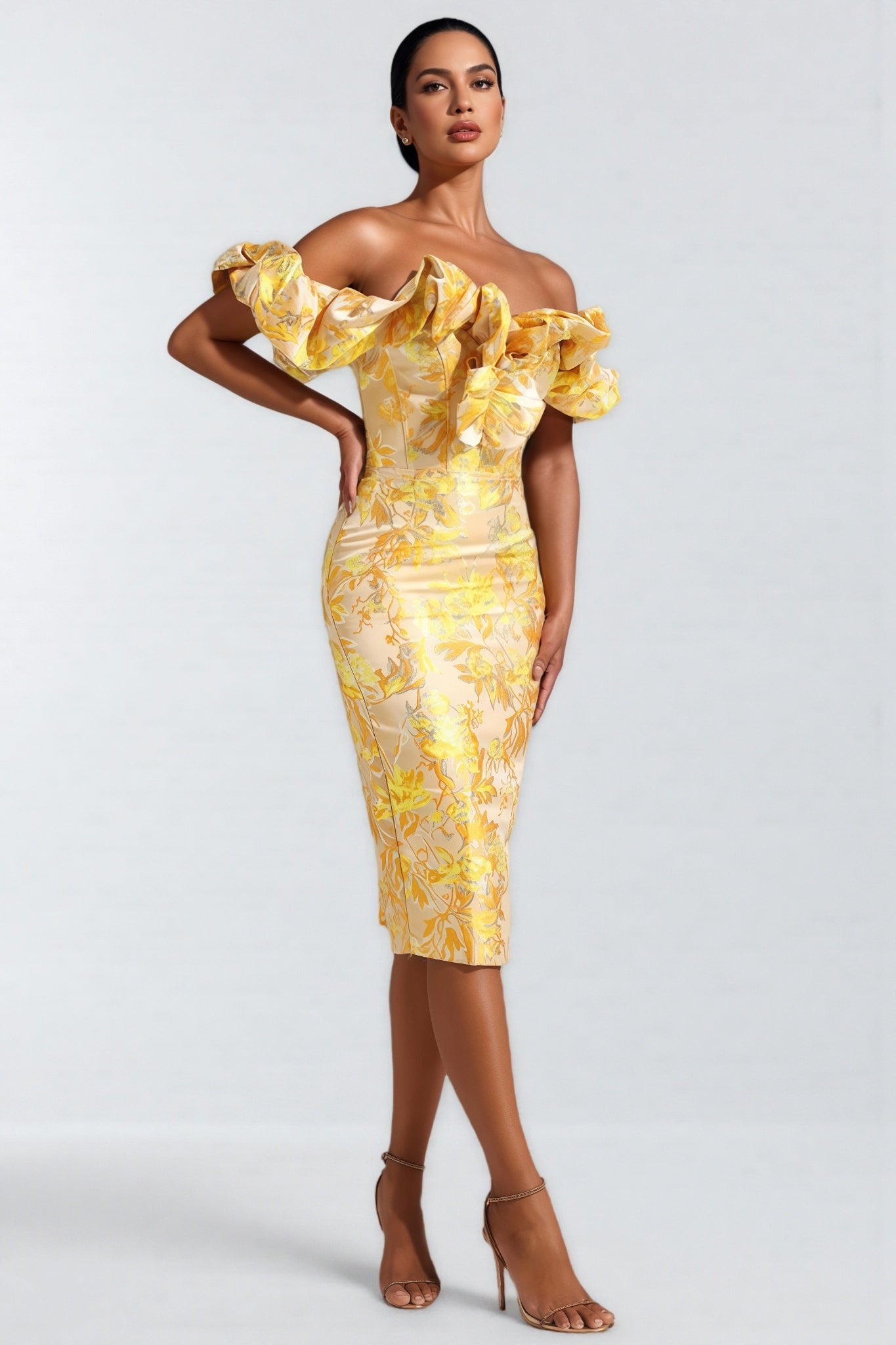 Floral Print Off Shoulder Sweetheart Puff Sleeve Ruched Bow Bodycon Midi Dress