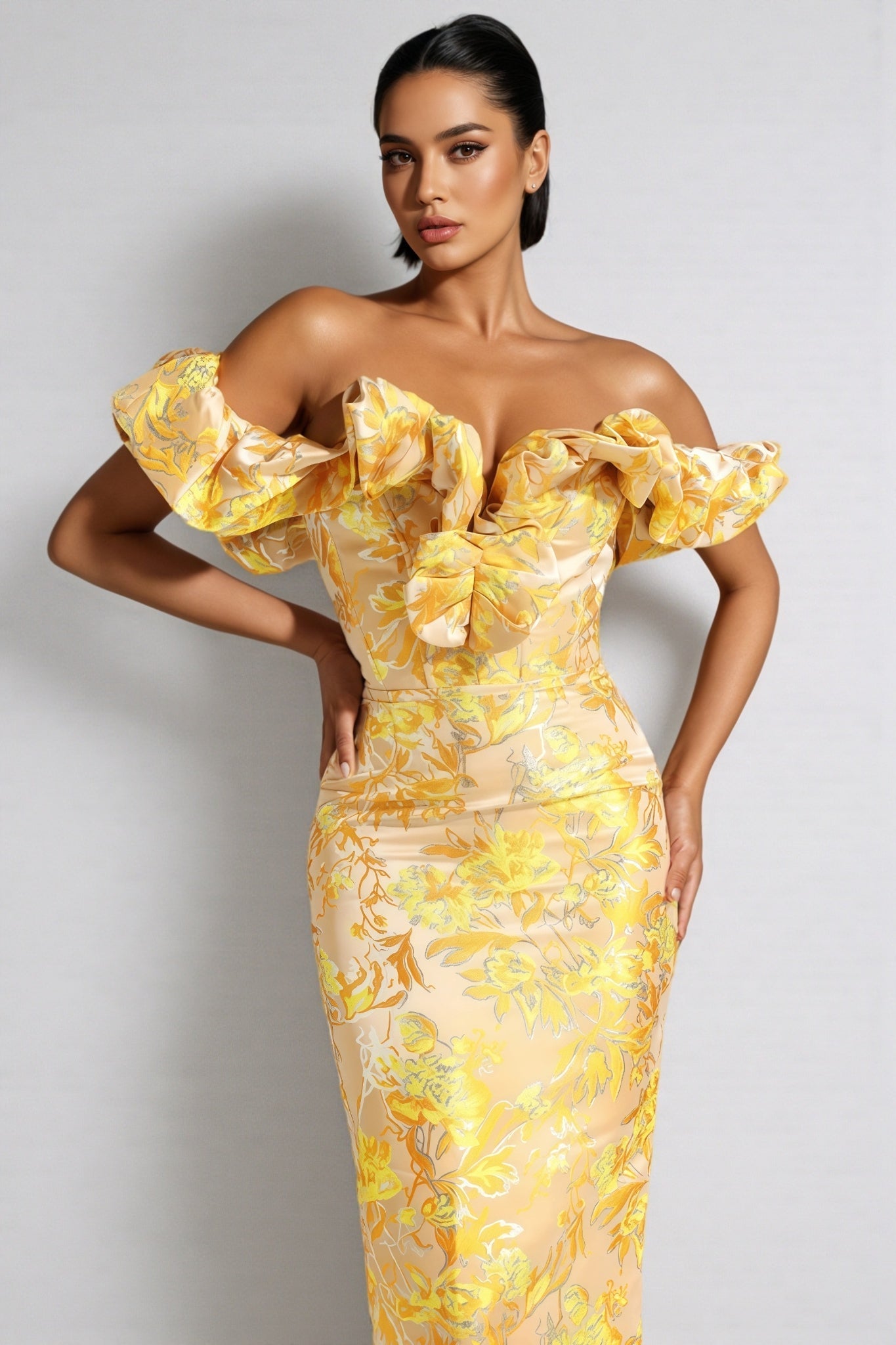 Floral Print Off Shoulder Sweetheart Puff Sleeve Ruched Bow Bodycon Midi Dress