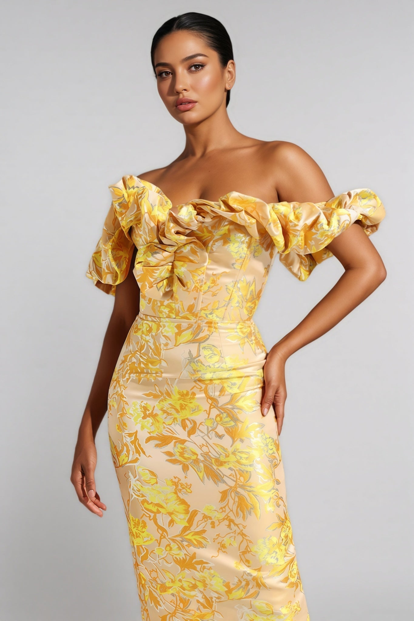 Floral Print Off Shoulder Sweetheart Puff Sleeve Ruched Bow Bodycon Midi Dress