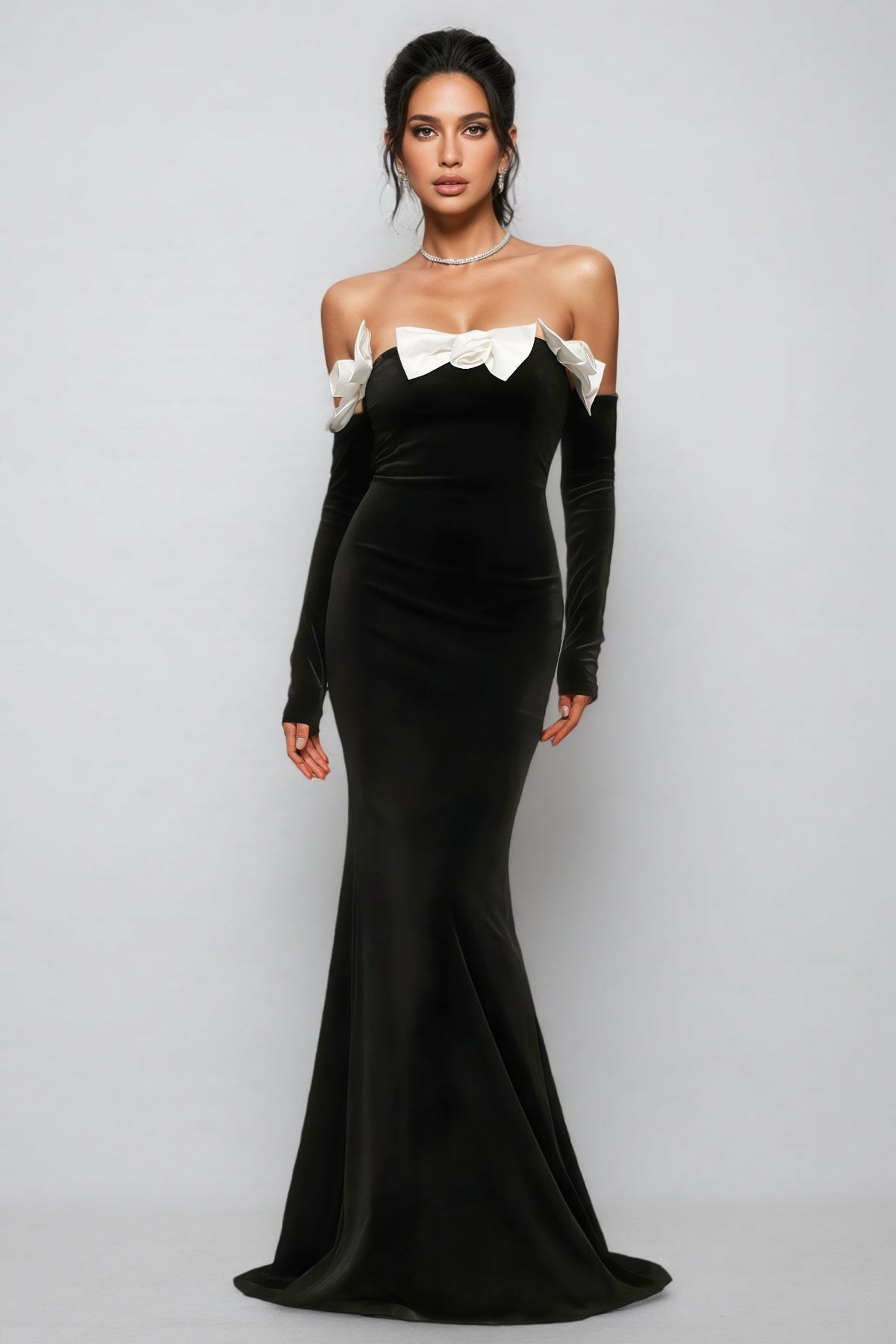 Velvet Strapless Contrast Bow Detached Sleeve Mermaid Maxi Gown