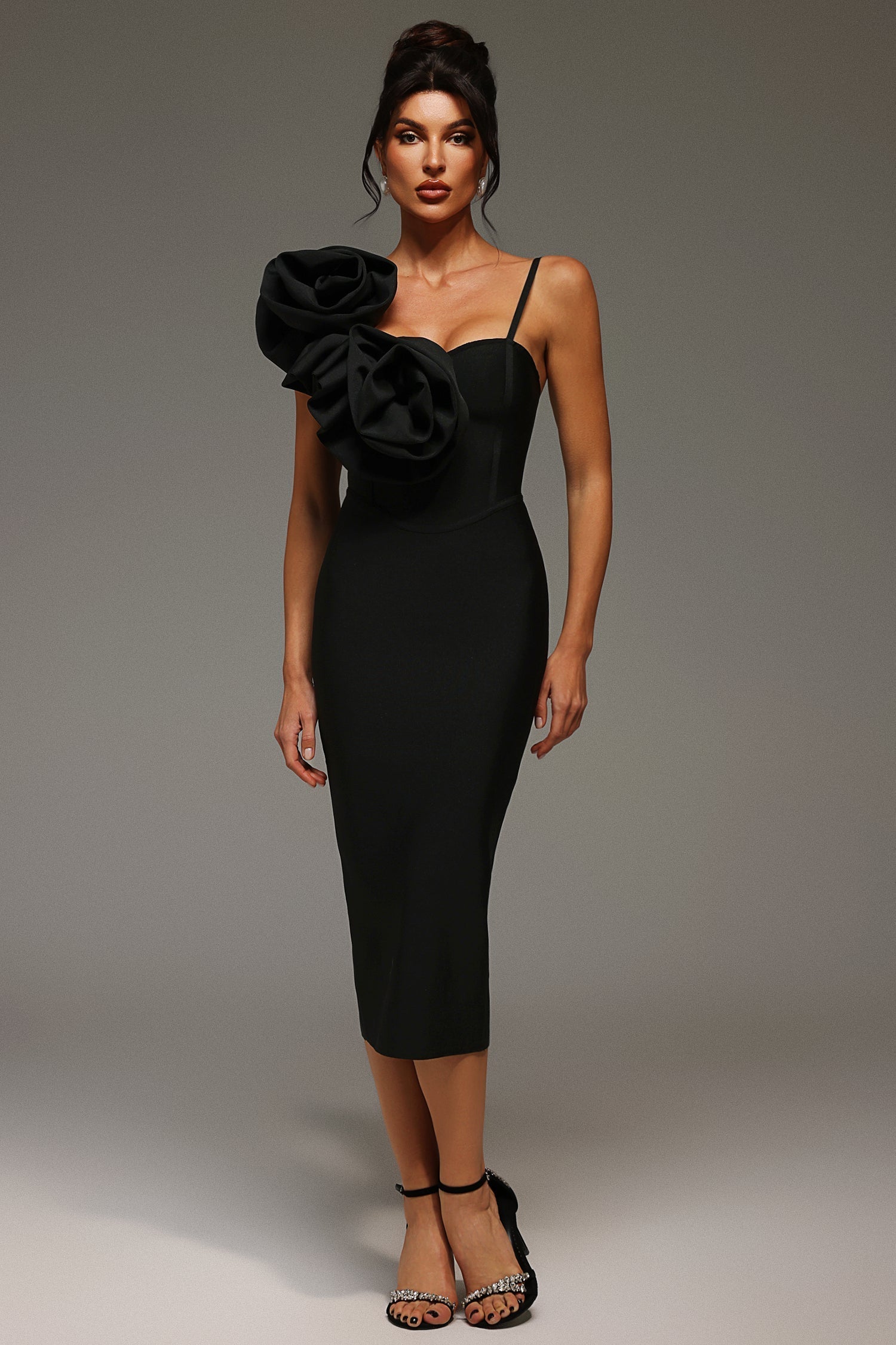 Spaghetti Strap Rosette Corset Bodycon Midi Dress