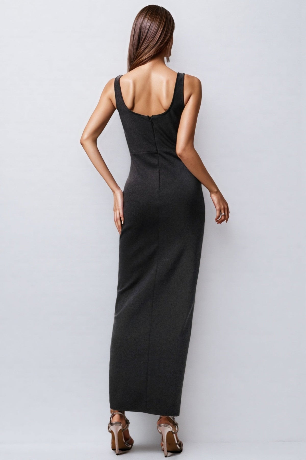 Square Neck Faux Pearl Embellished Corset Bodice Ruched Front Slit Maxi Dress 3