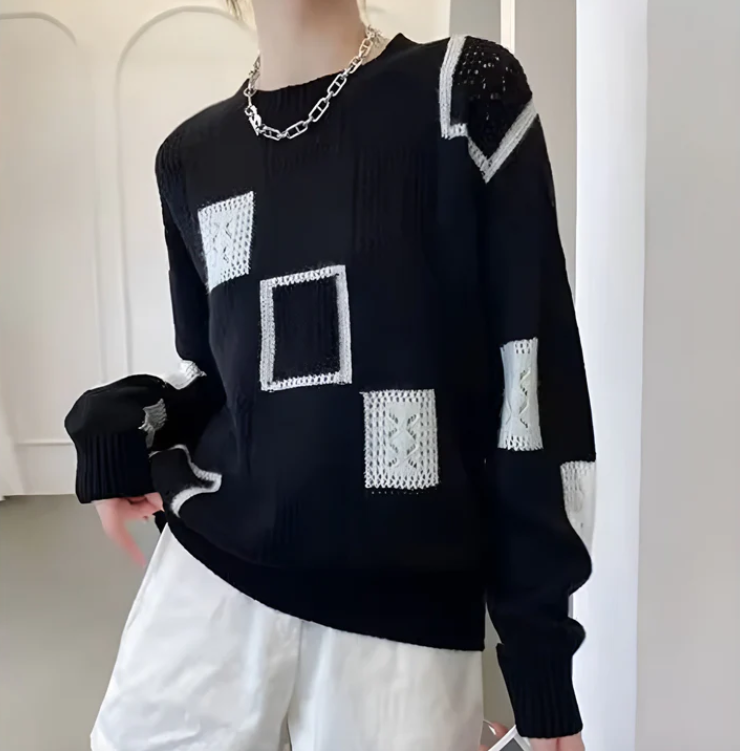 Crew Neck Patchwork Pointelle Knit Sweater 2