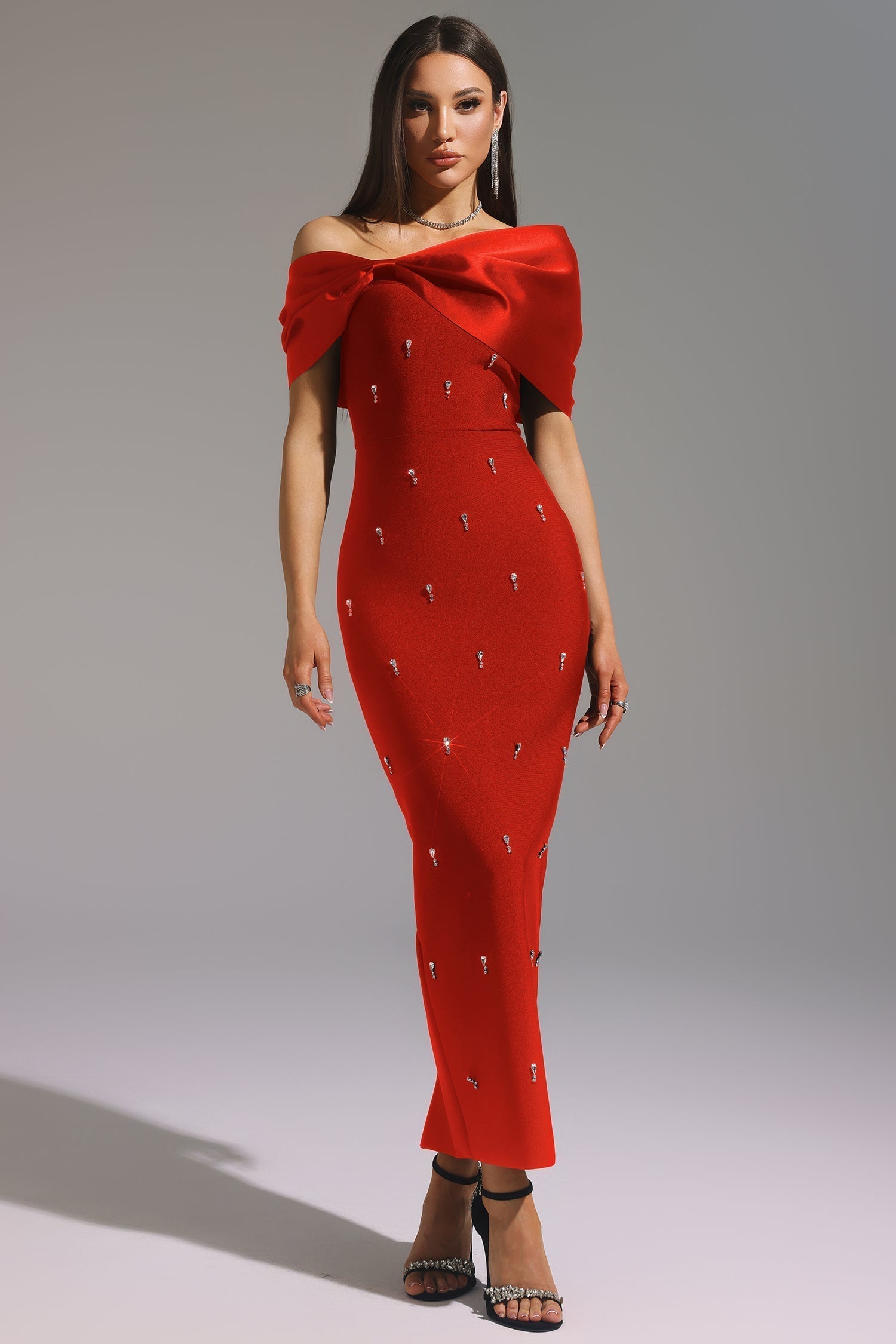 Sleeveless One Shoulder Diamond Bow Bandage Maxi Dress - View 3