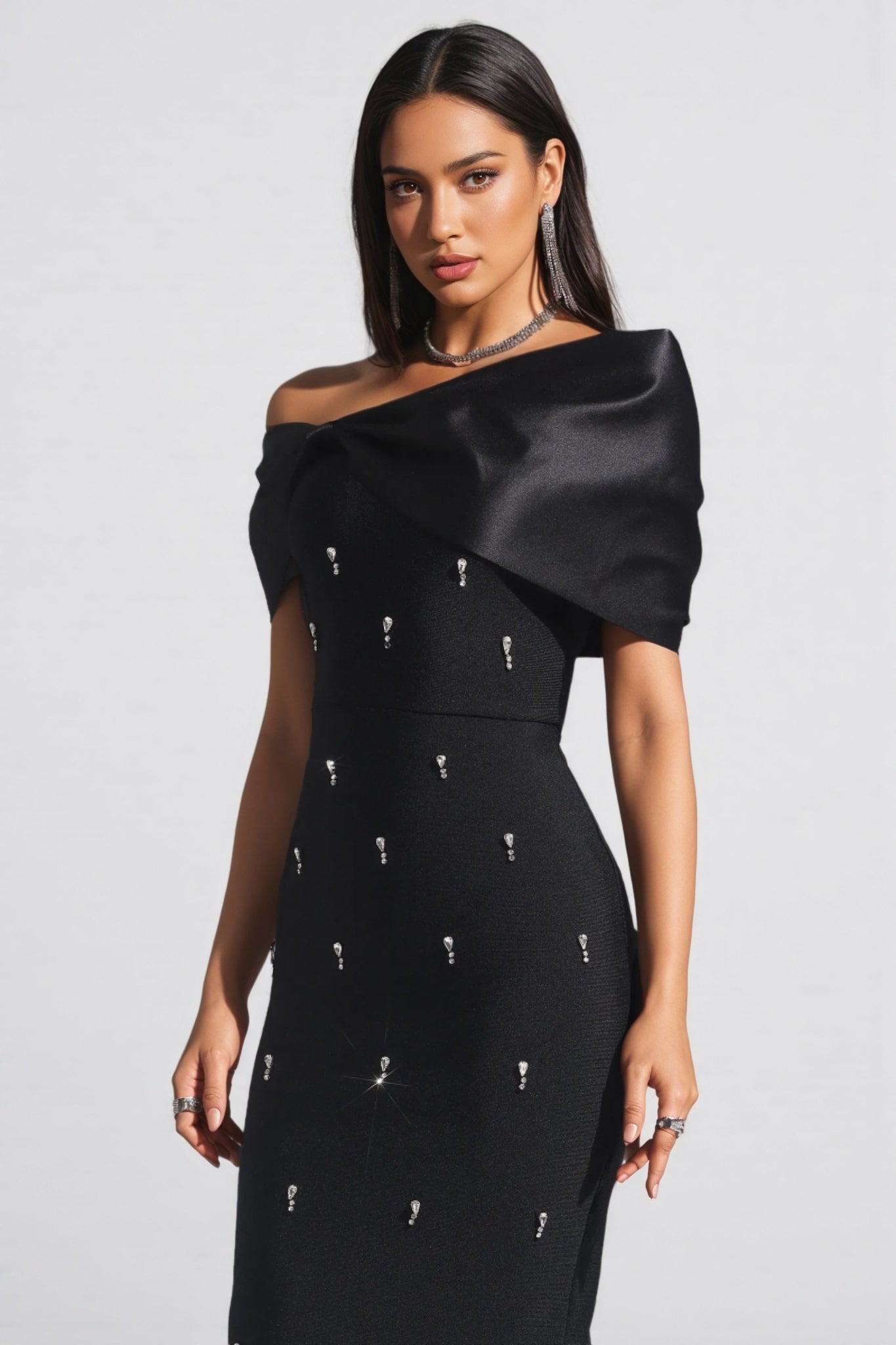 Crystal Embellished Asymmetric Off Shoulder Fold Collar Bandage Maxi Dress