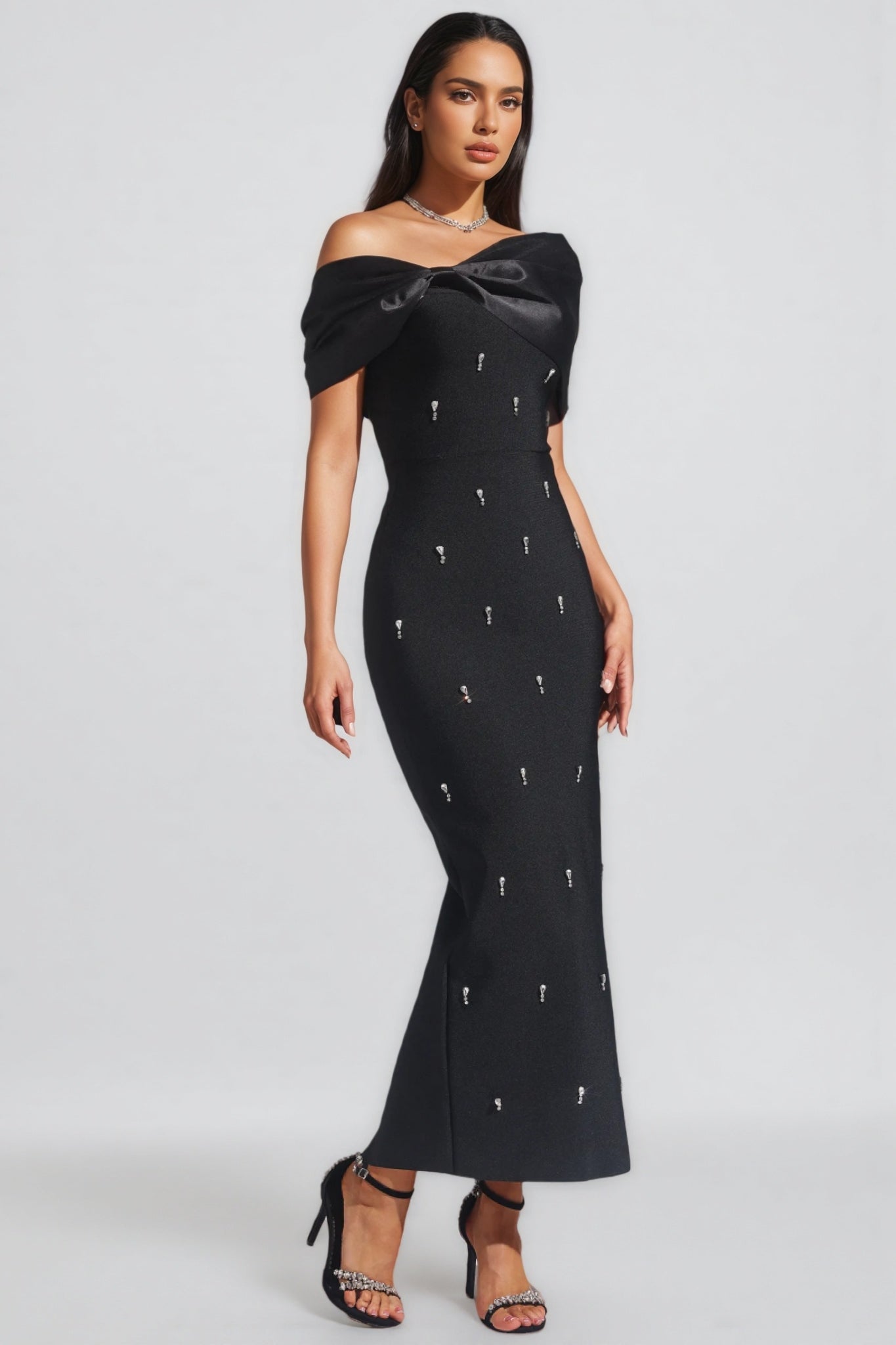 Crystal Embellished Asymmetric Off Shoulder Fold Collar Bandage Maxi Dress