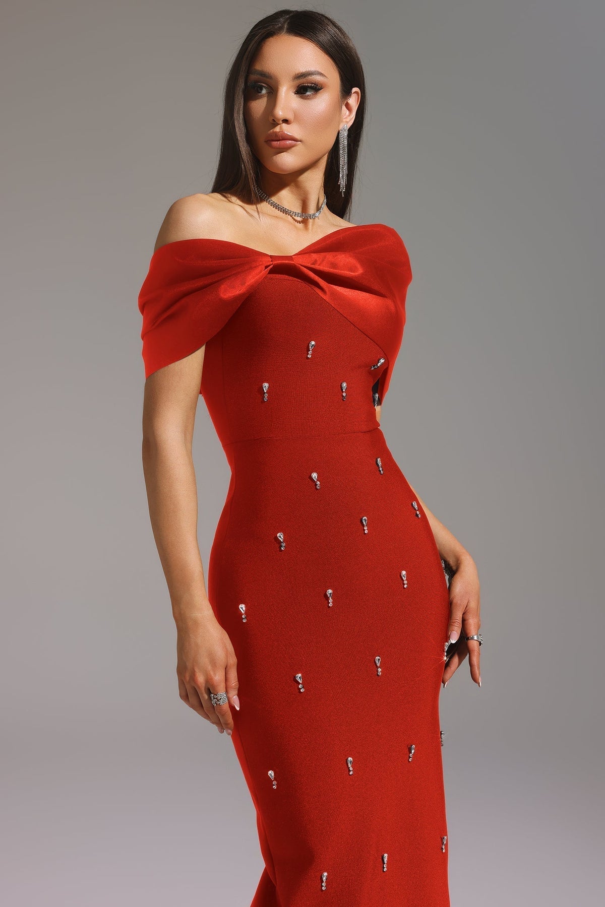 Off Shoulder Bow Front Rhinestone Embellished Bandage Bodycon Dress