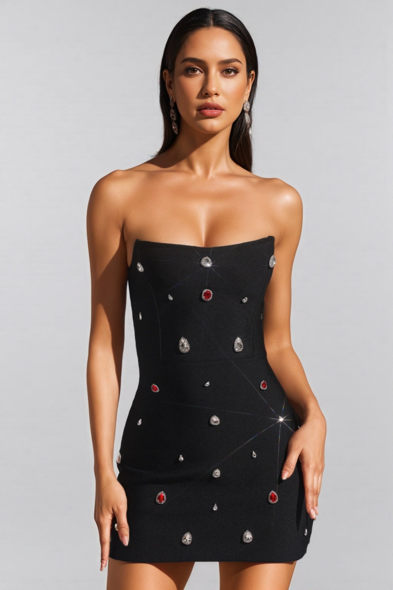 Strapless Rhinestone Teardrop Embellished Bodycon Mini Dress
