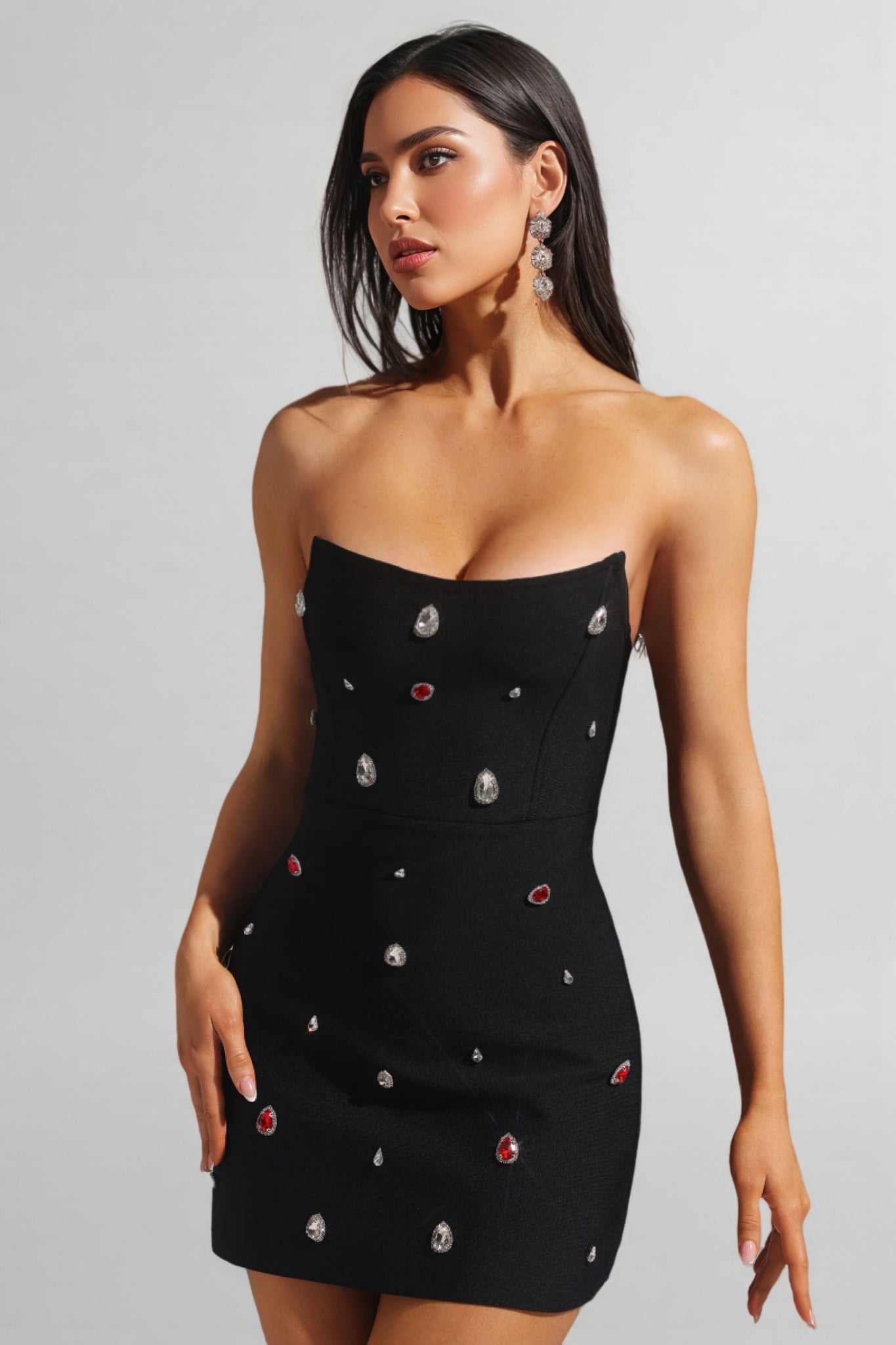 Strapless Rhinestone Teardrop Embellished Bodycon Mini Dress