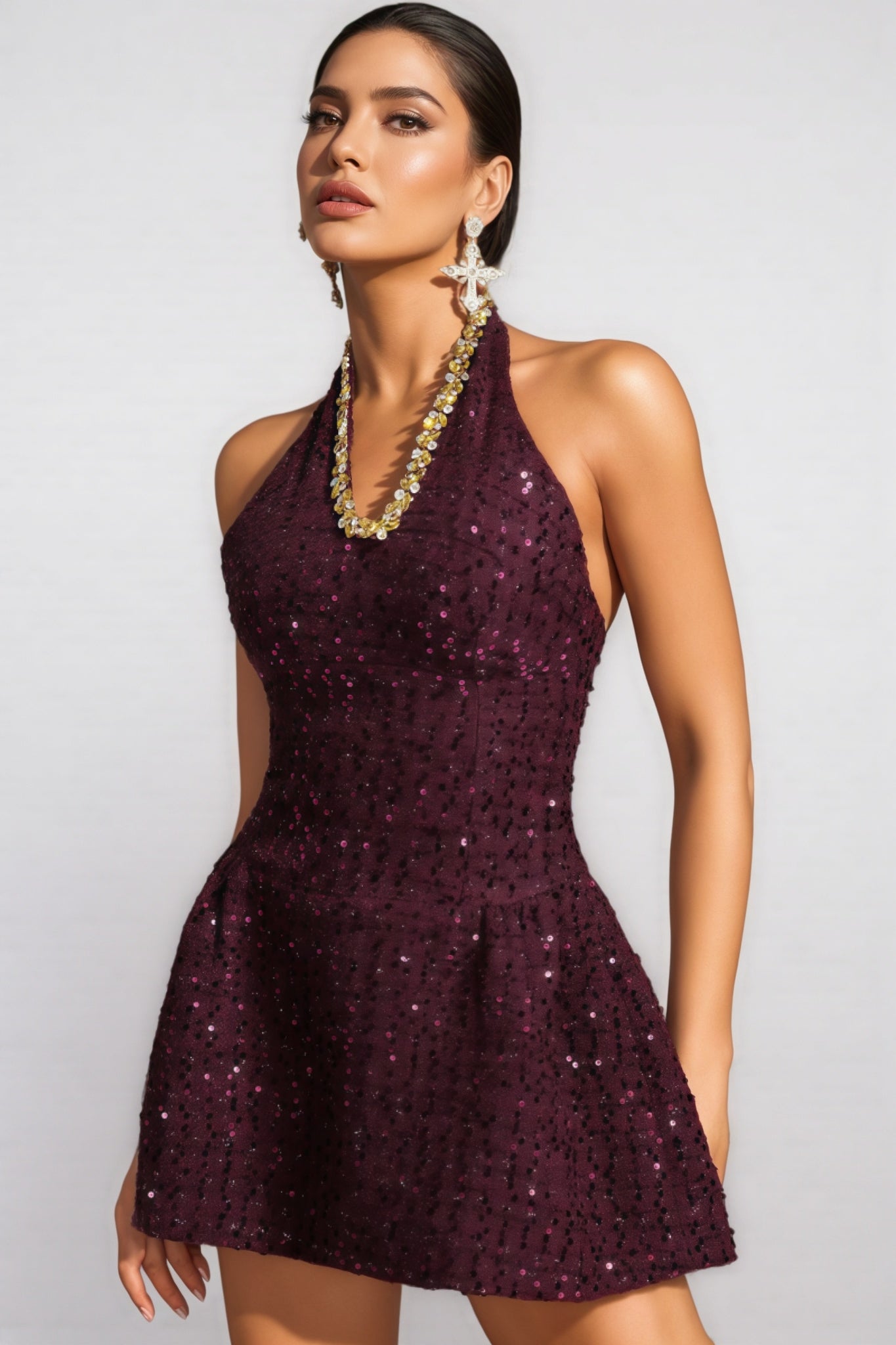 Sequin Halter Neck Fit and Flare Mini Party Dress