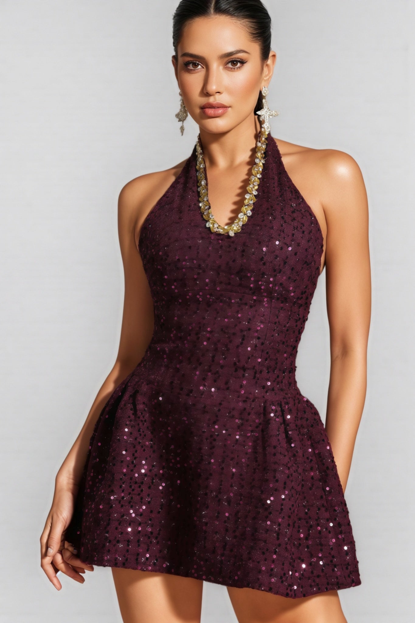 Sequin Halter Neck Fit and Flare Mini Party Dress
