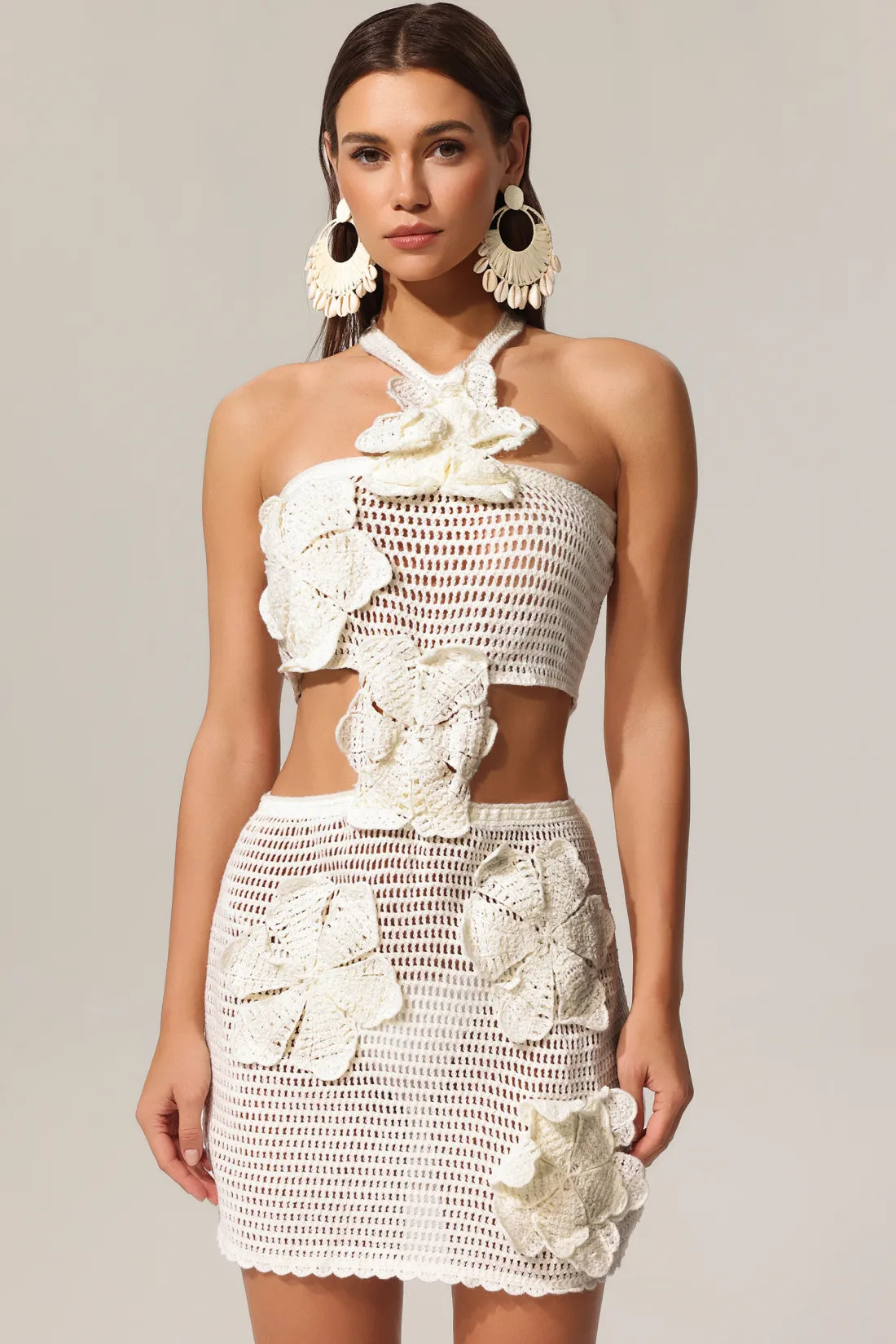Crochet Knit 3D Flower Halter Crop Top and Mini Skirt Two Piece Set