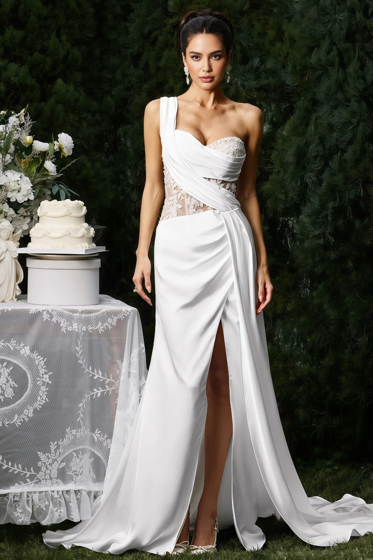 One Shoulder Draped Lace Cut Out High Split Satin Gown with Train