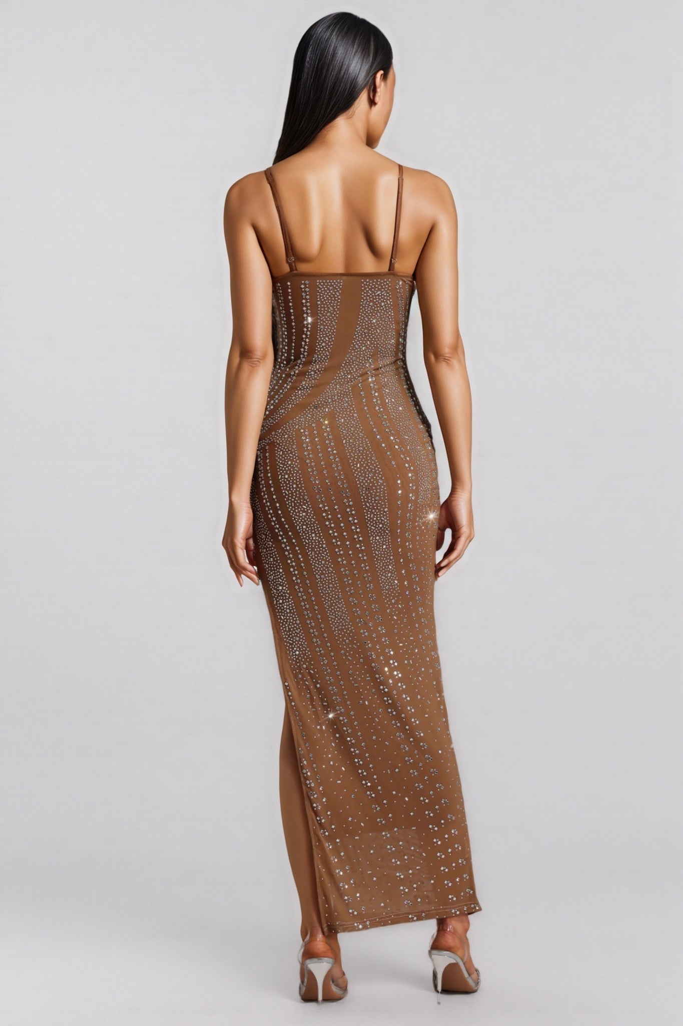 Rhinestone Embellished Sweetheart Spaghetti Strap High Split Mesh Maxi Gown