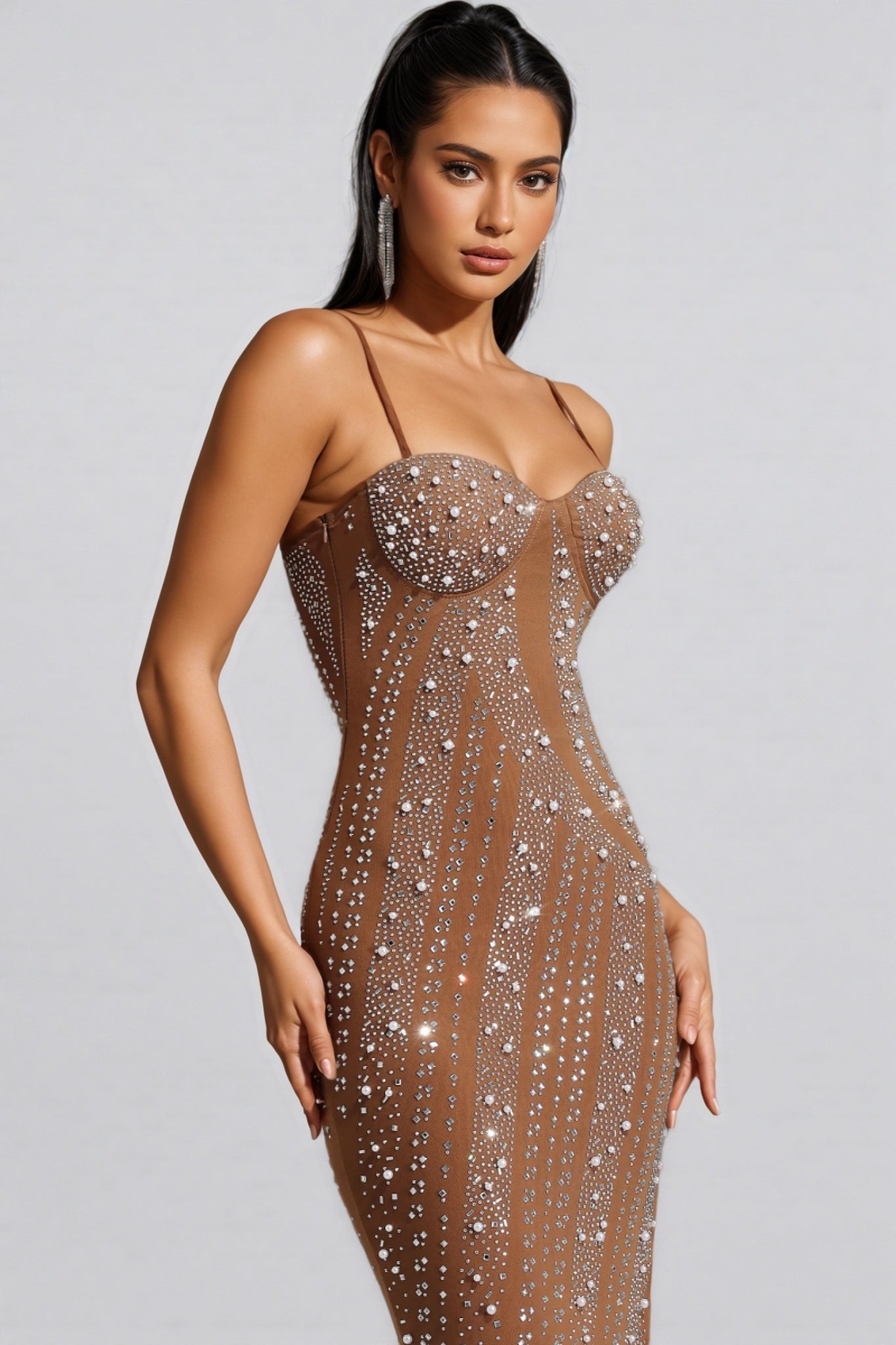 Rhinestone Embellished Sweetheart Spaghetti Strap High Split Mesh Maxi Gown