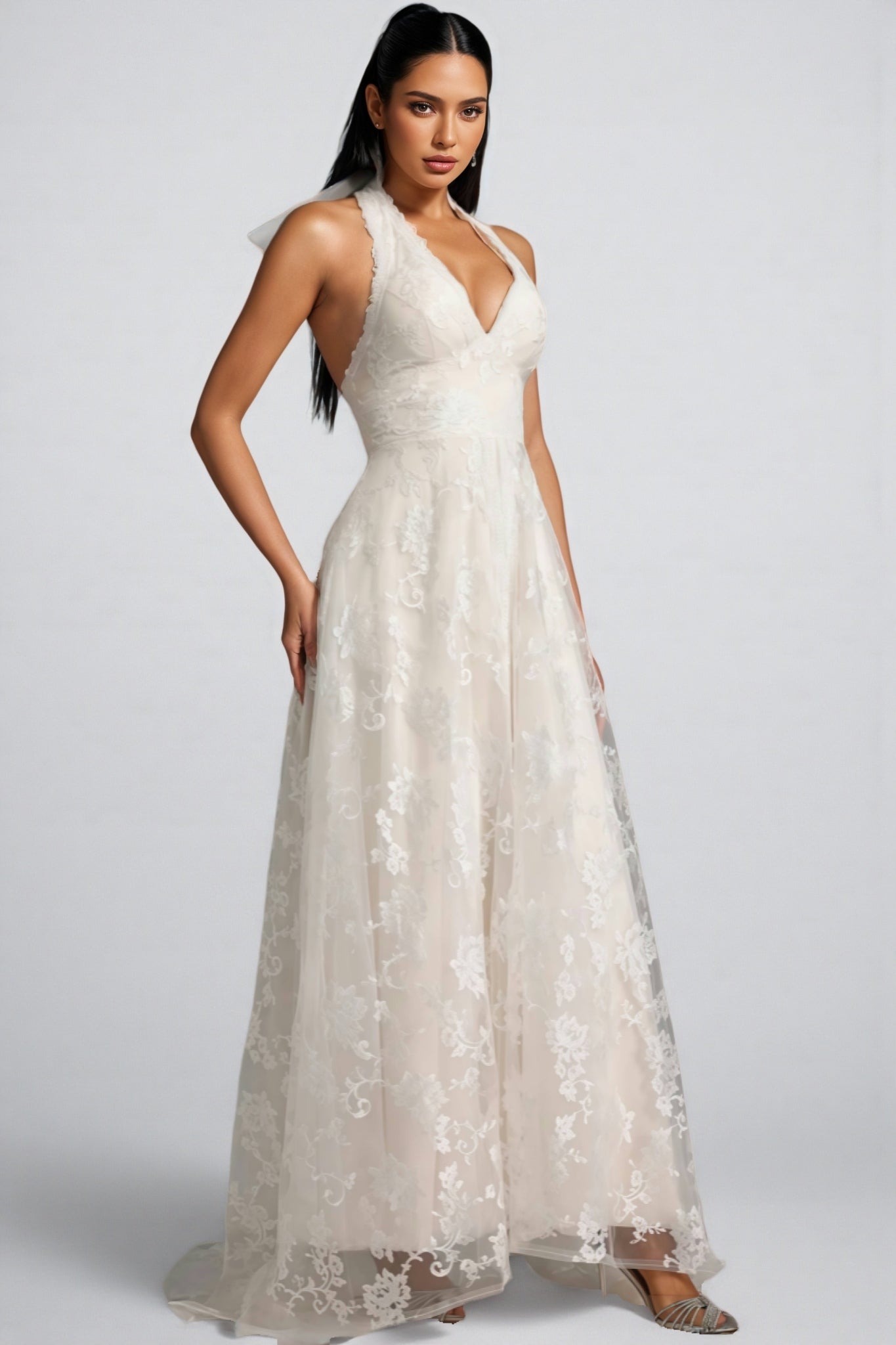 Albine Halter Sleeveless V-Neck Lace Maxi Dress - View 4