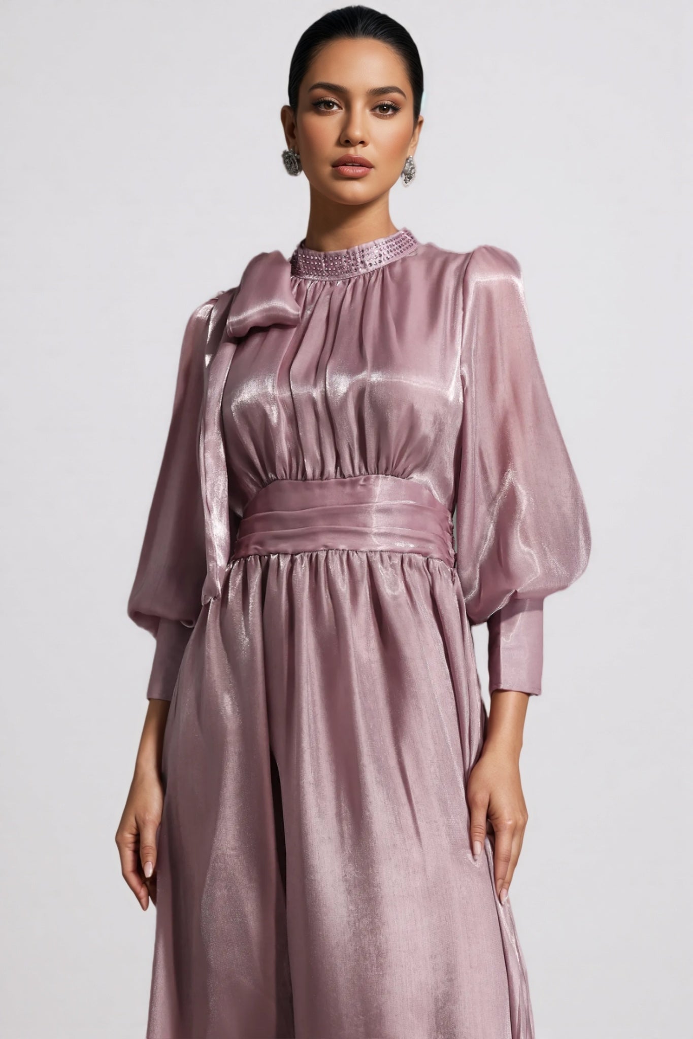 Metallic Mock Neck Bow Tie Puff Sleeve Ruched Waist A-Line Maxi Dress