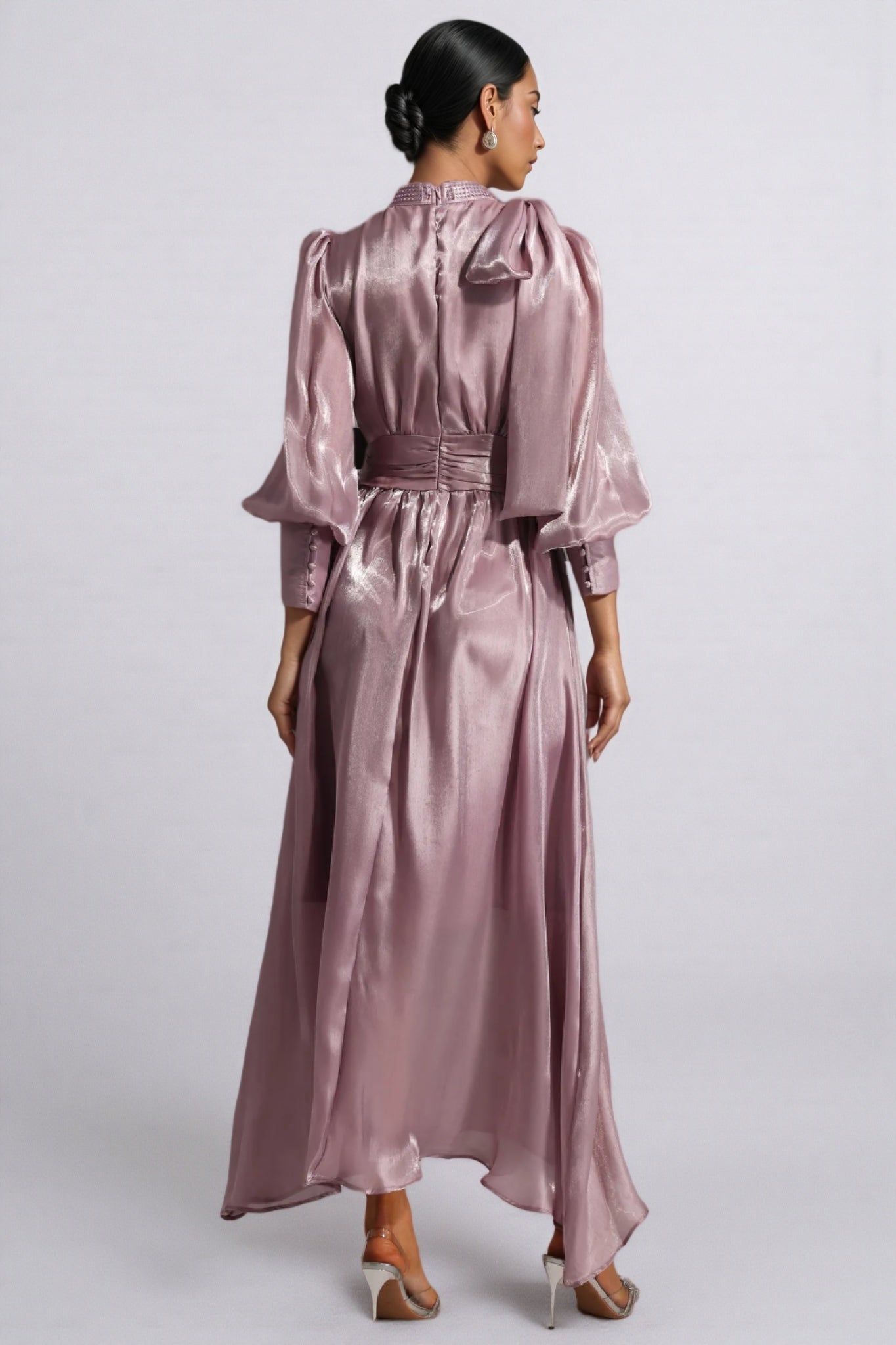 Metallic Mock Neck Bow Tie Puff Sleeve Ruched Waist A-Line Maxi Dress - View 5