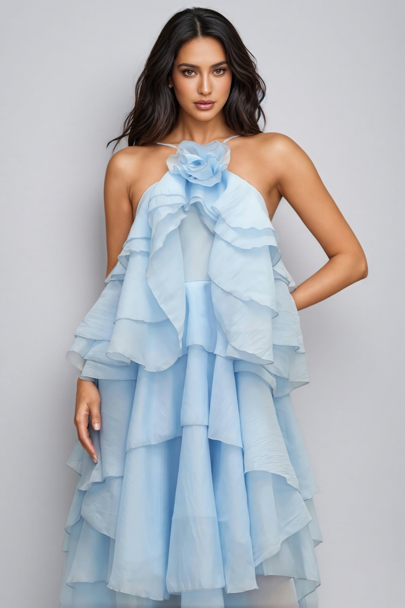 Kaelly Sleeveless Flower Folds Maxi Dress