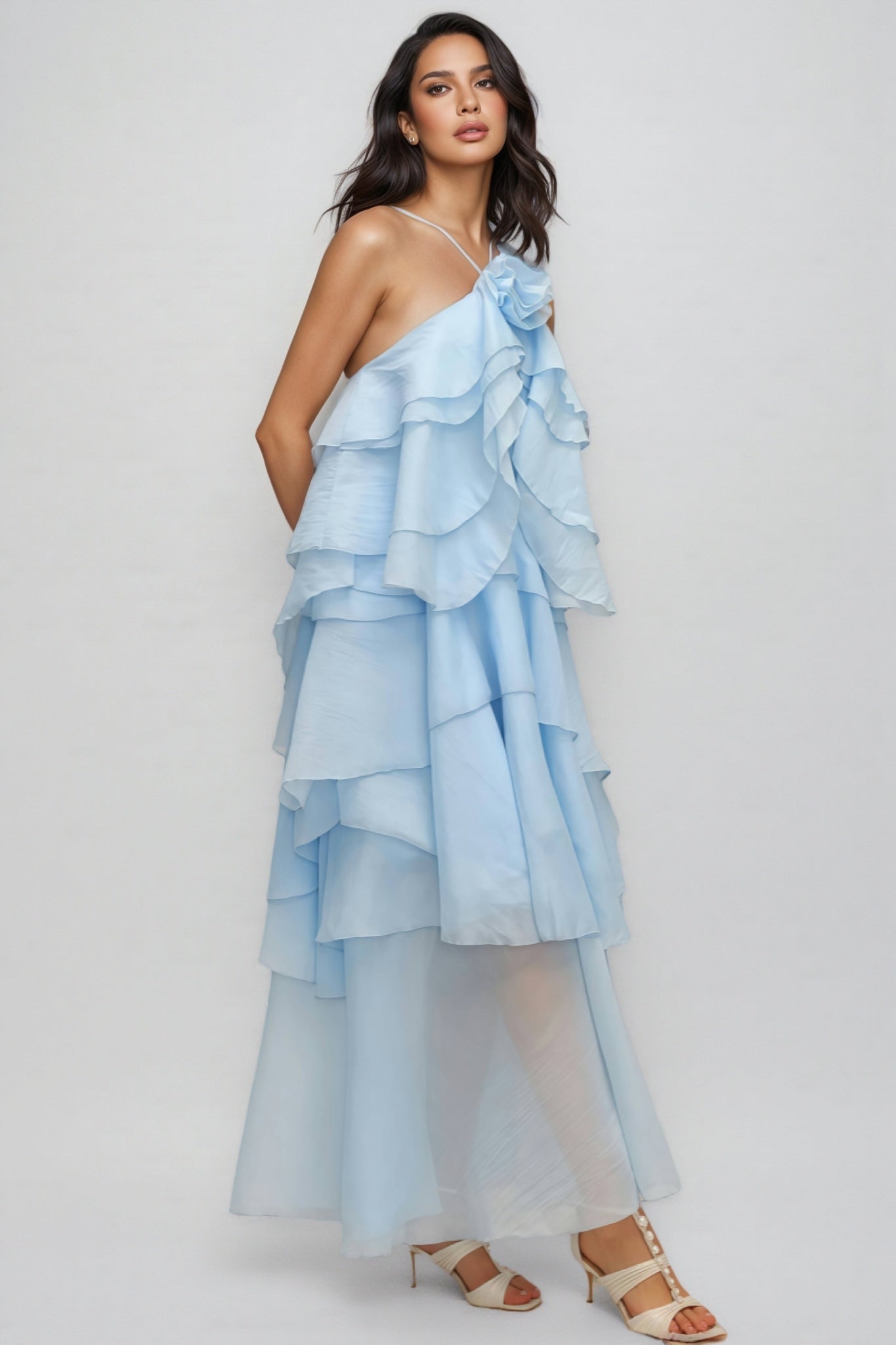 Kaelly Sleeveless Flower Folds Maxi Dress