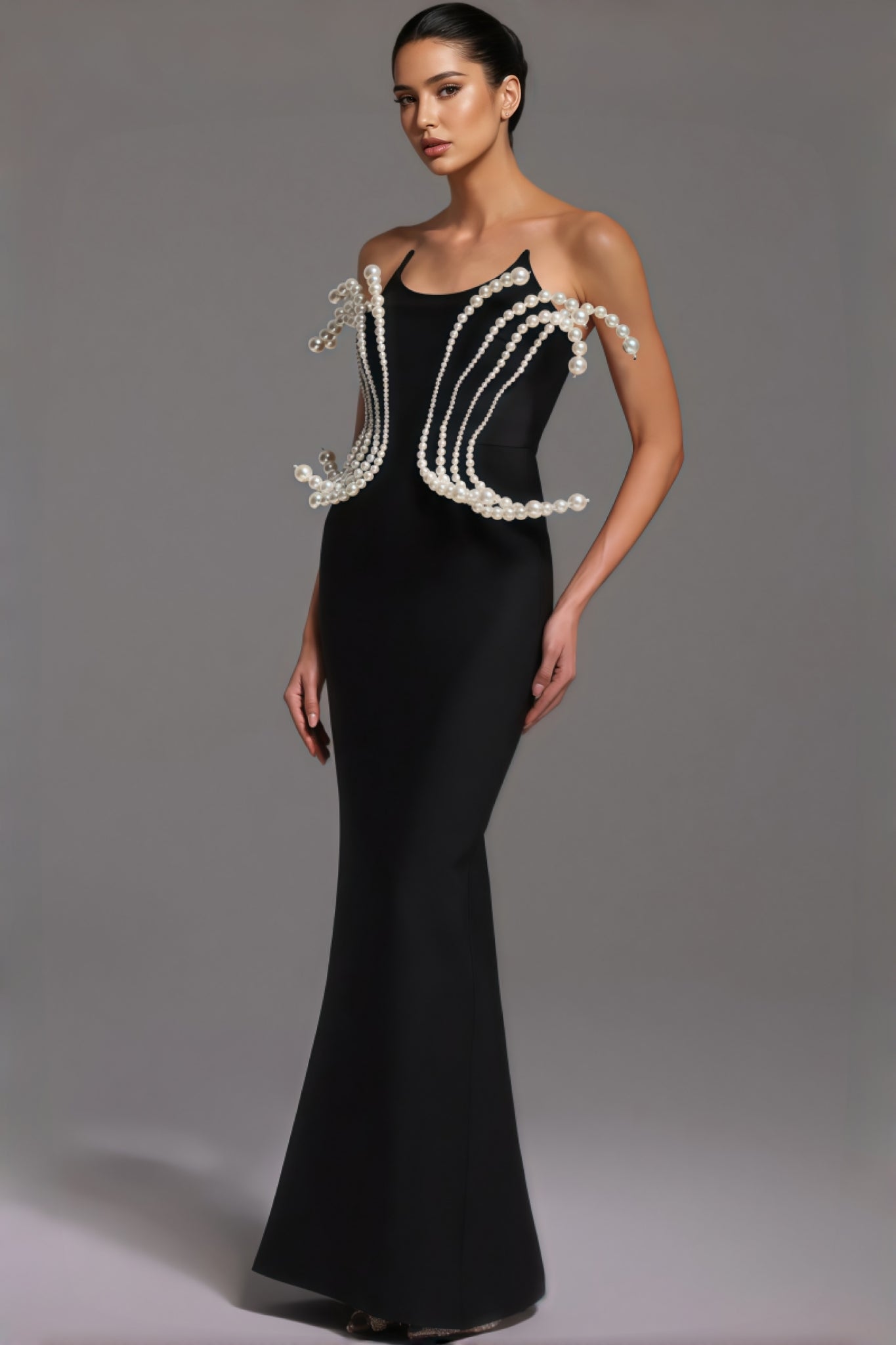 Pearl Embellished Spaghetti Strap Sculptural Bodice Column Maxi Gown