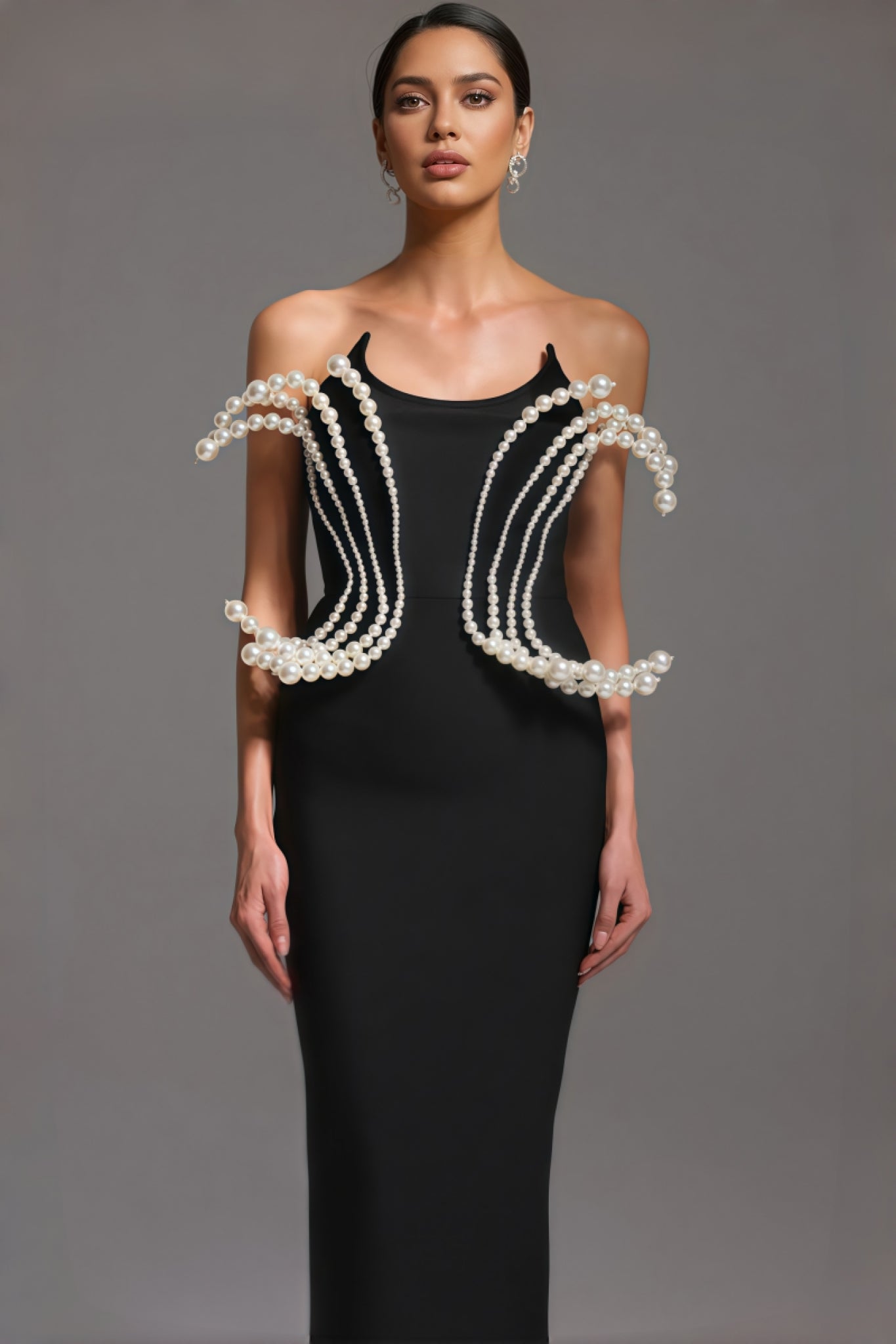 Pearl Embellished Spaghetti Strap Sculptural Bodice Column Maxi Gown