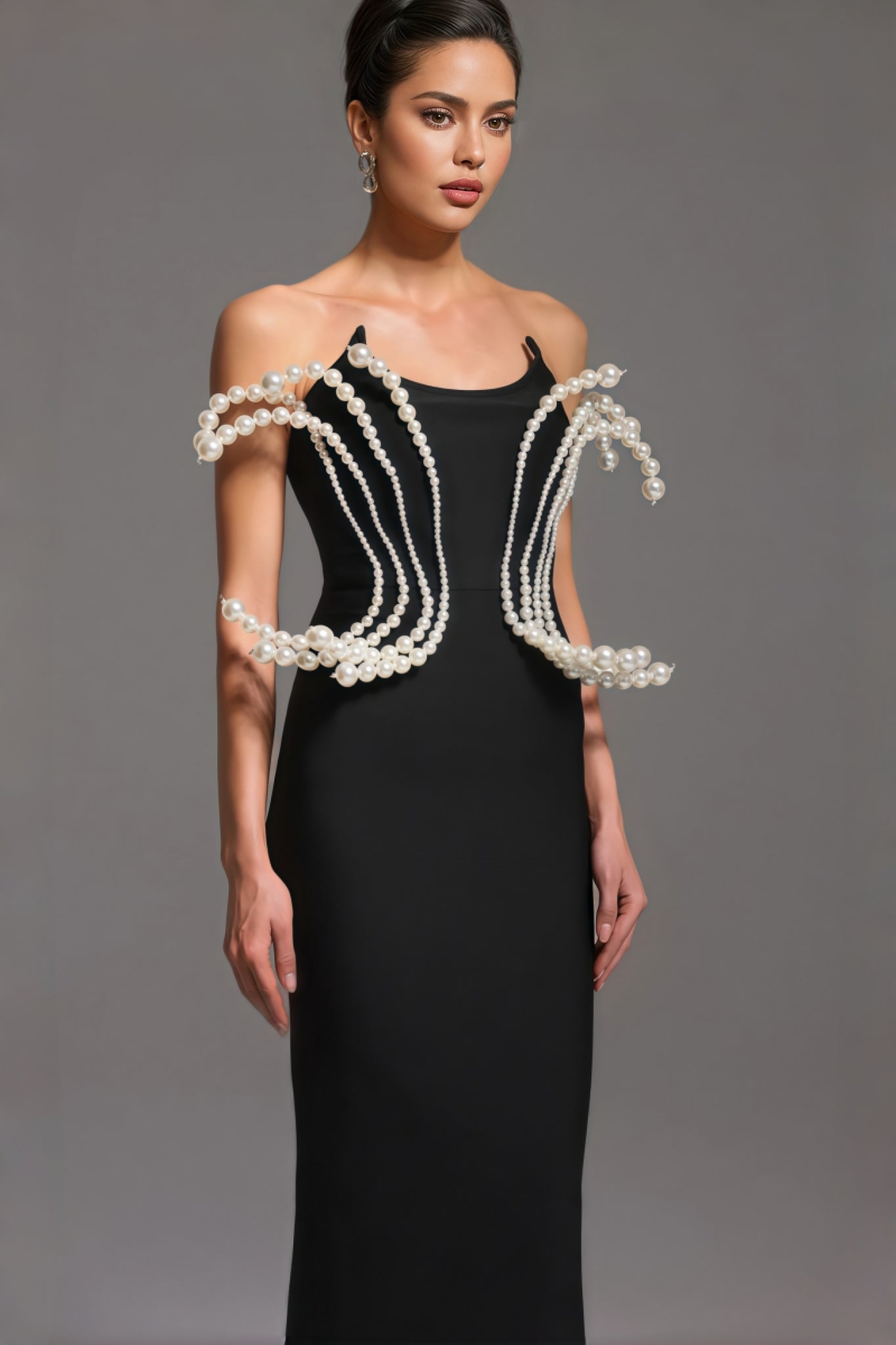 Pearl Embellished Spaghetti Strap Sculptural Bodice Column Maxi Gown