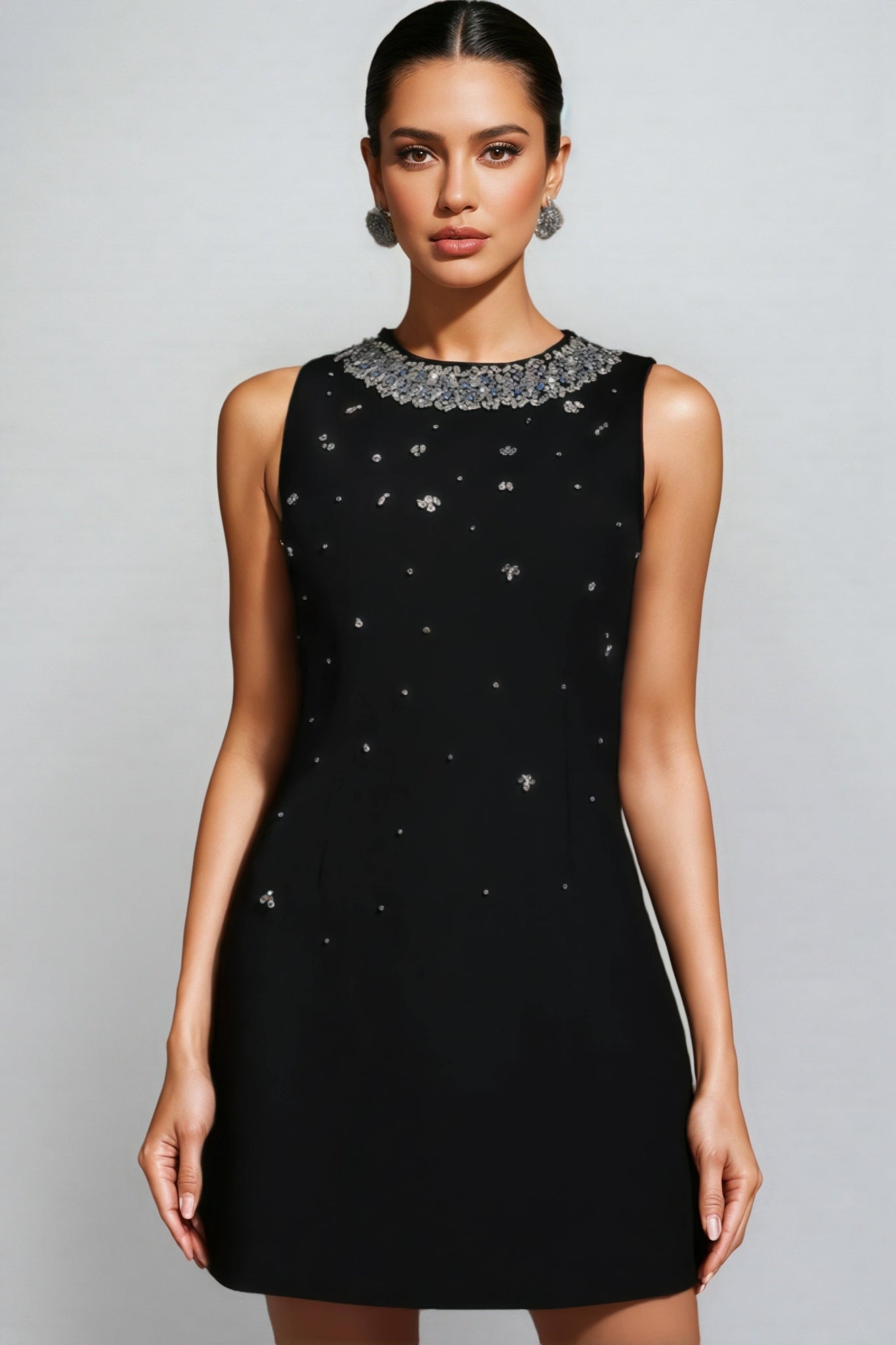 Beaded Floral Collar Sleeveless Shift Mini Dress