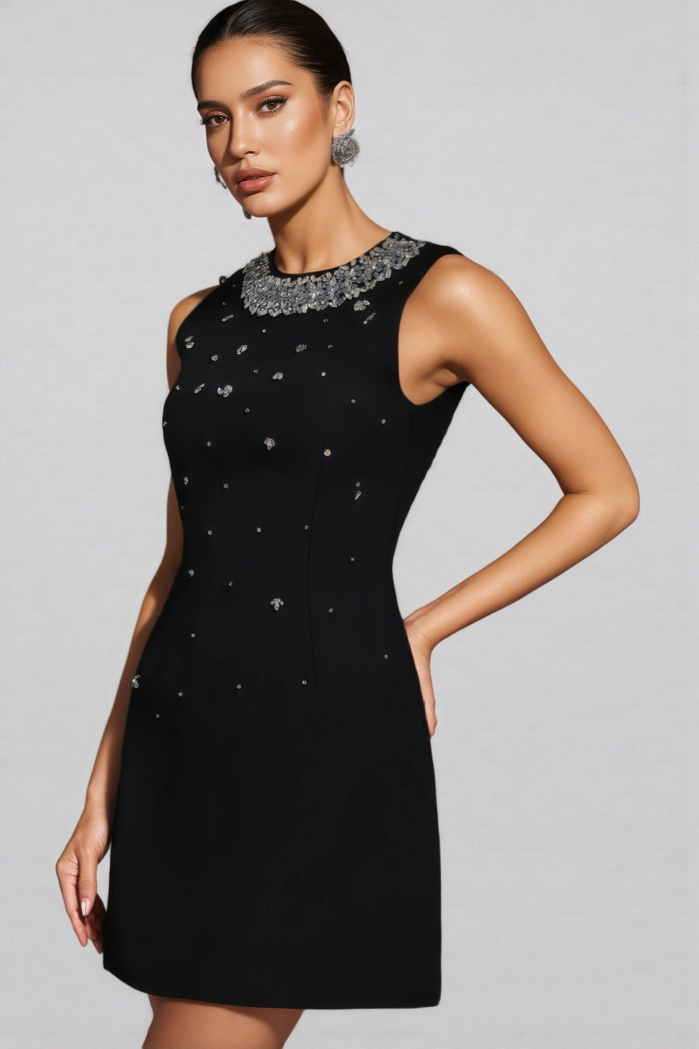 Beaded Floral Collar Sleeveless Shift Mini Dress