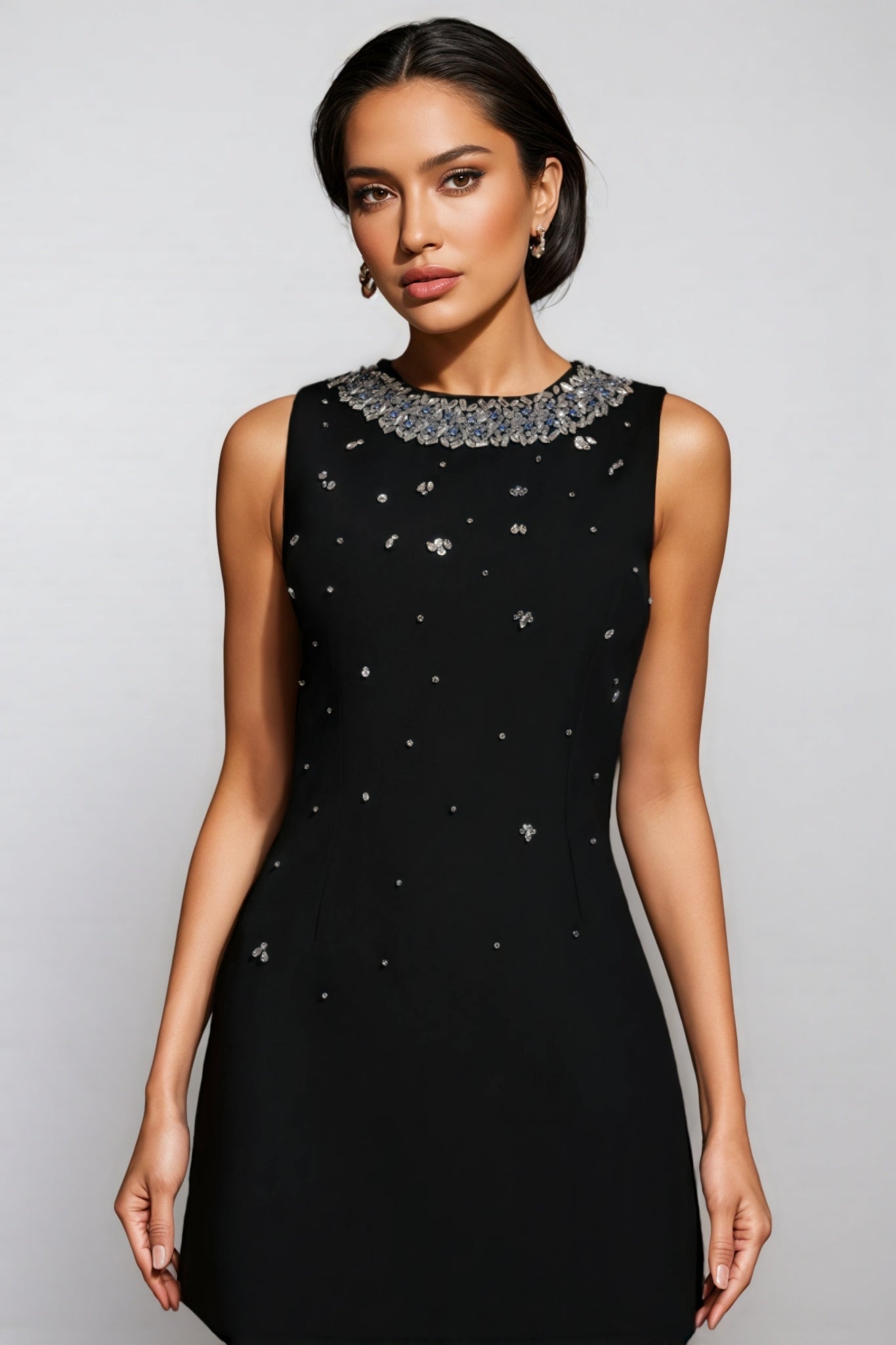 Beaded Floral Collar Sleeveless Shift Mini Dress