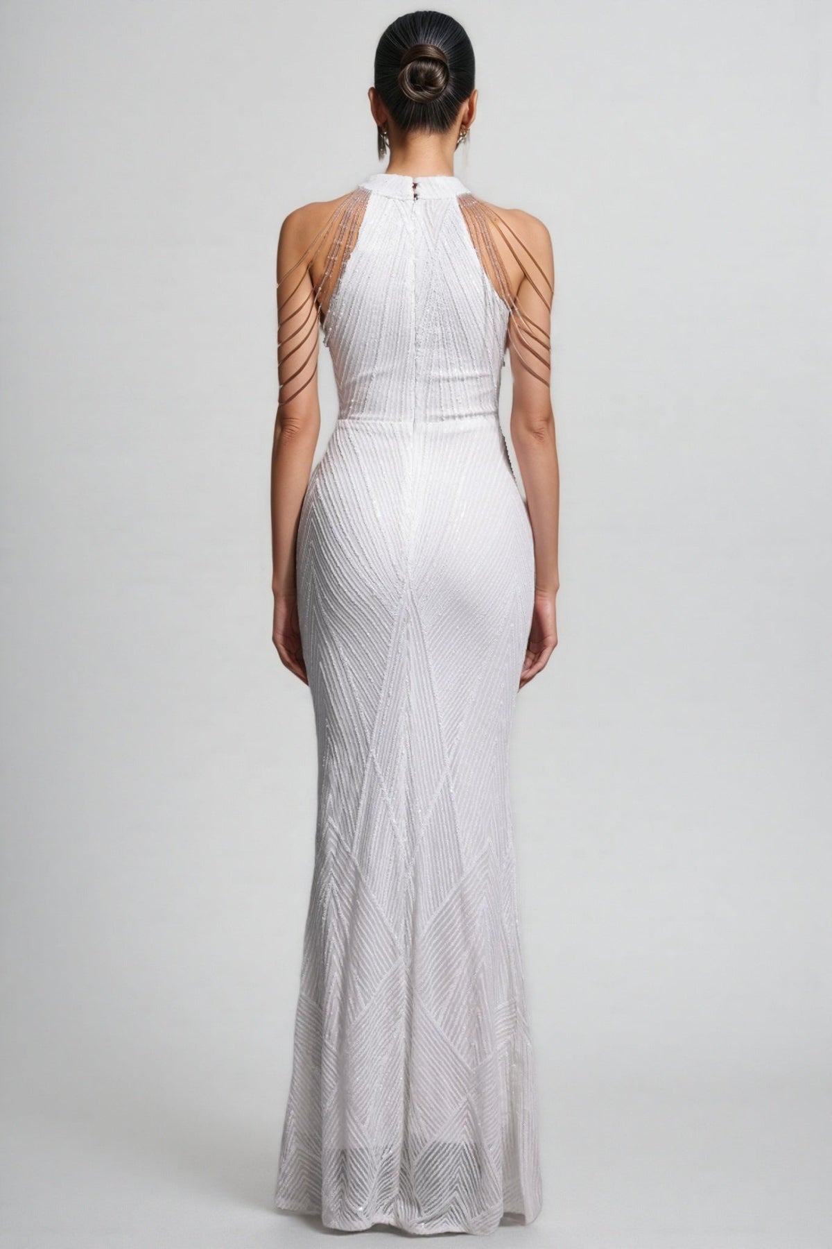 Sequin Halter Neck Beaded Chain Shoulder Mermaid Maxi Gown 5