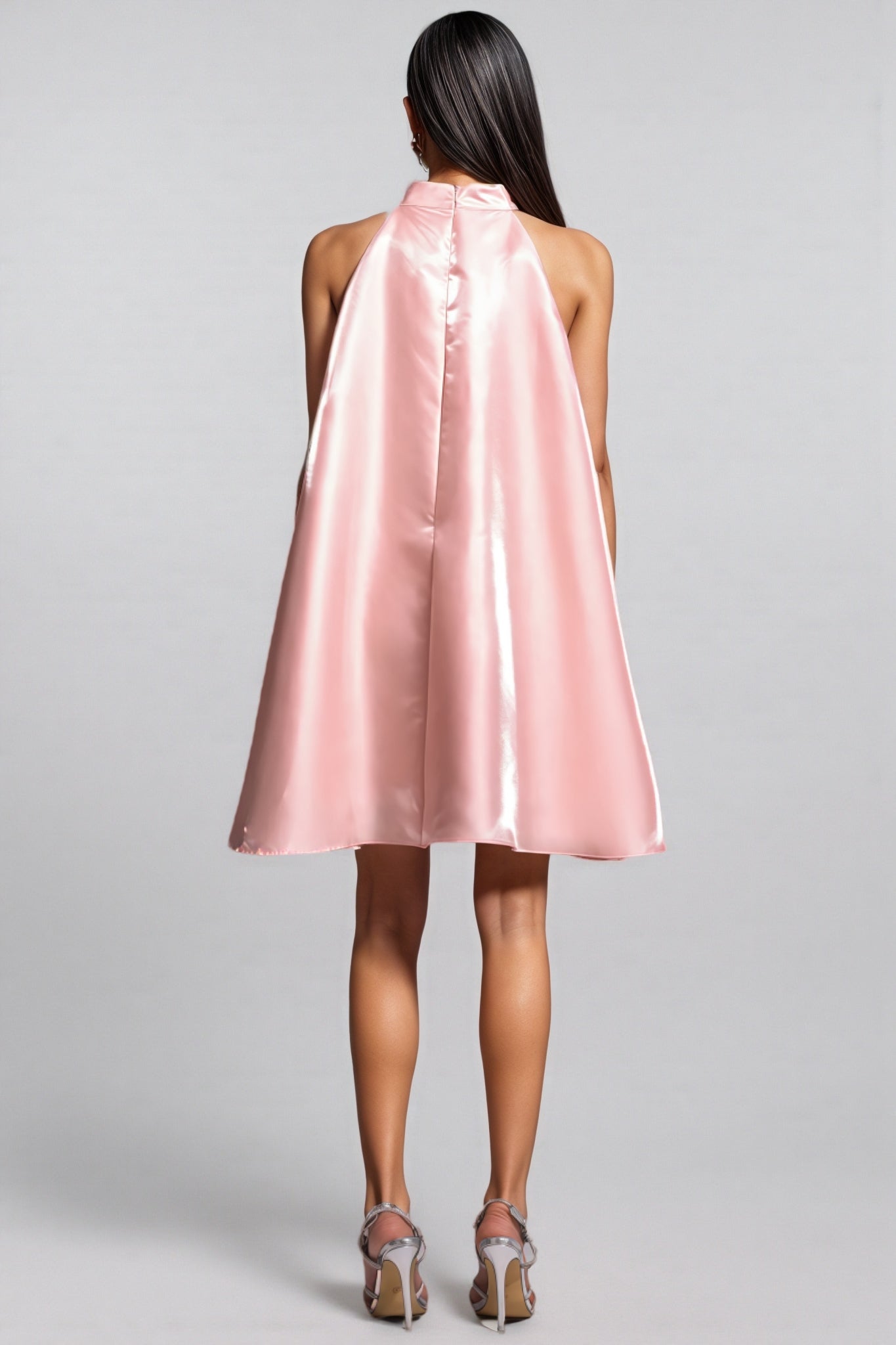 3D Floral Halter Neck Rhinestone Satin A-Line Mini Dress
