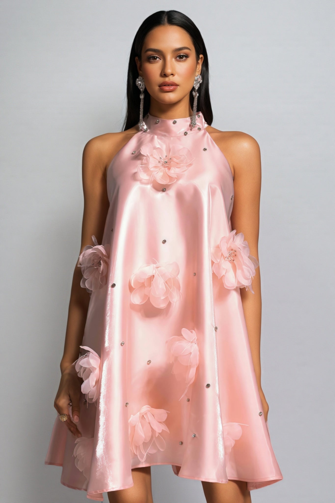 3D Floral Halter Neck Rhinestone Satin A-Line Mini Dress