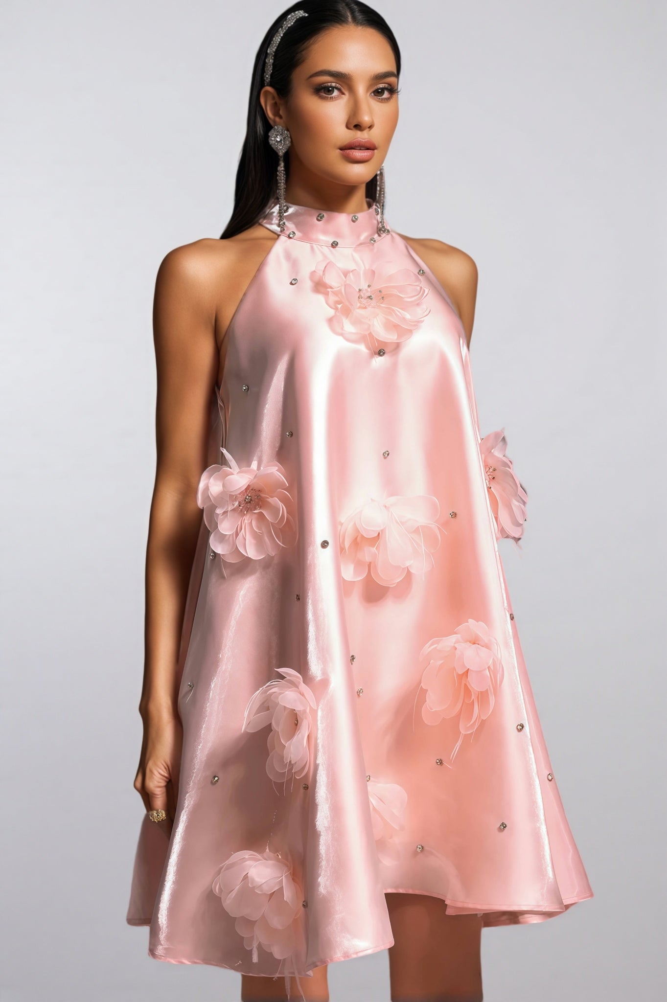 3D Floral Halter Neck Rhinestone Satin A-Line Mini Dress