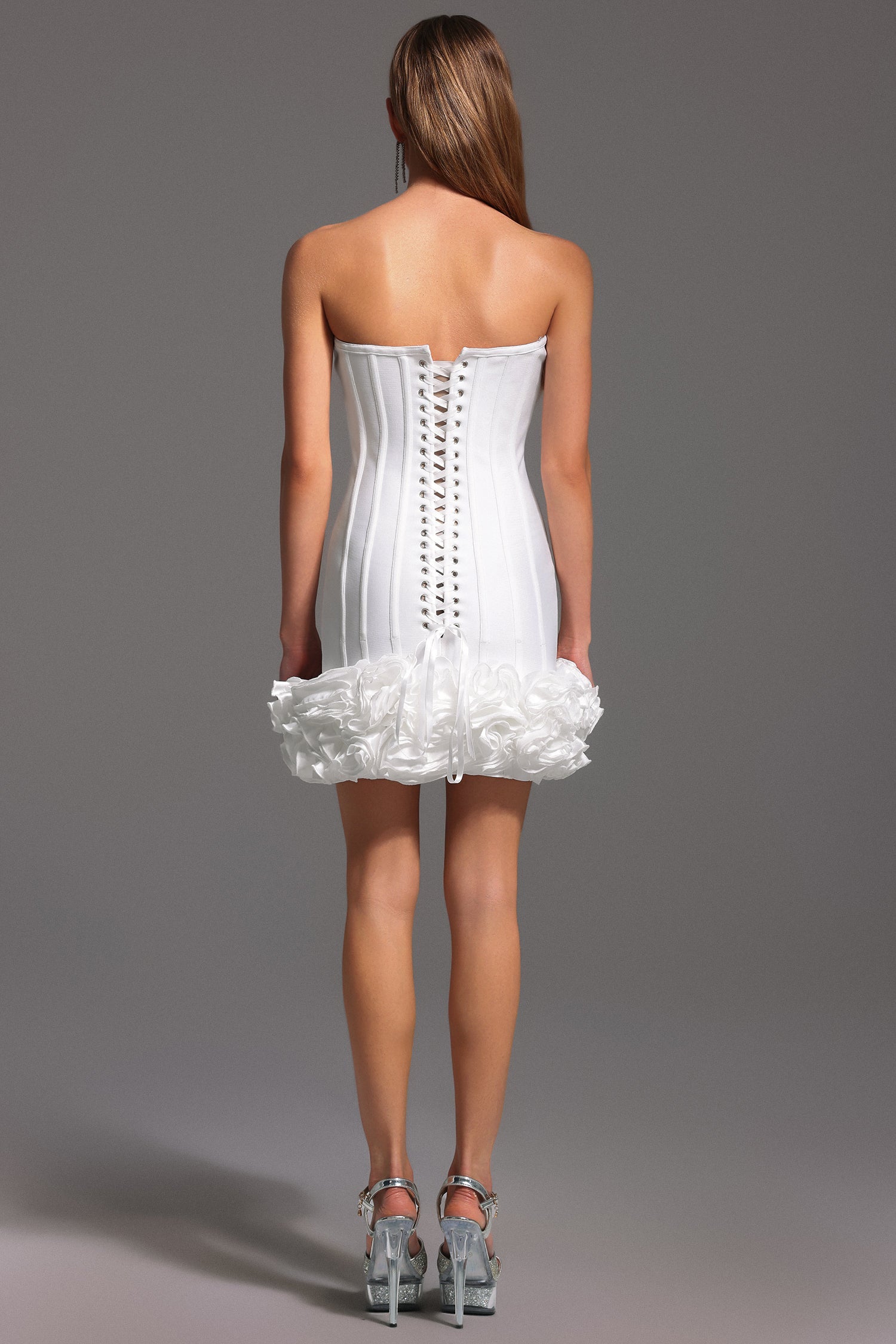 Bandage Strapless Sweetheart Corset Rosette Bodycon Mini Dress
