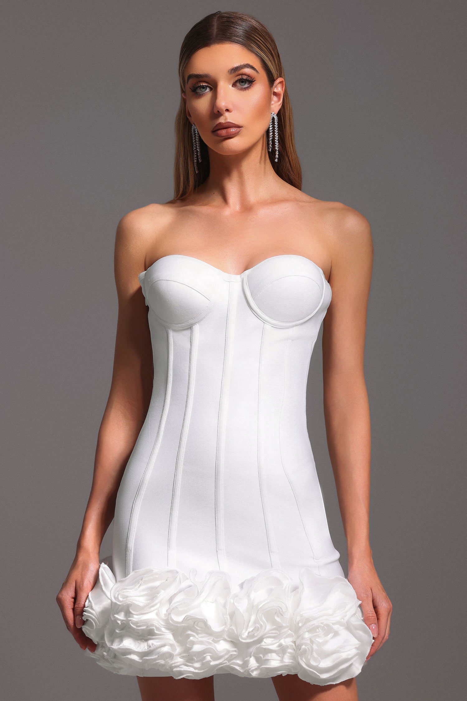 Bandage Strapless Sweetheart Corset Rosette Bodycon Mini Dress
