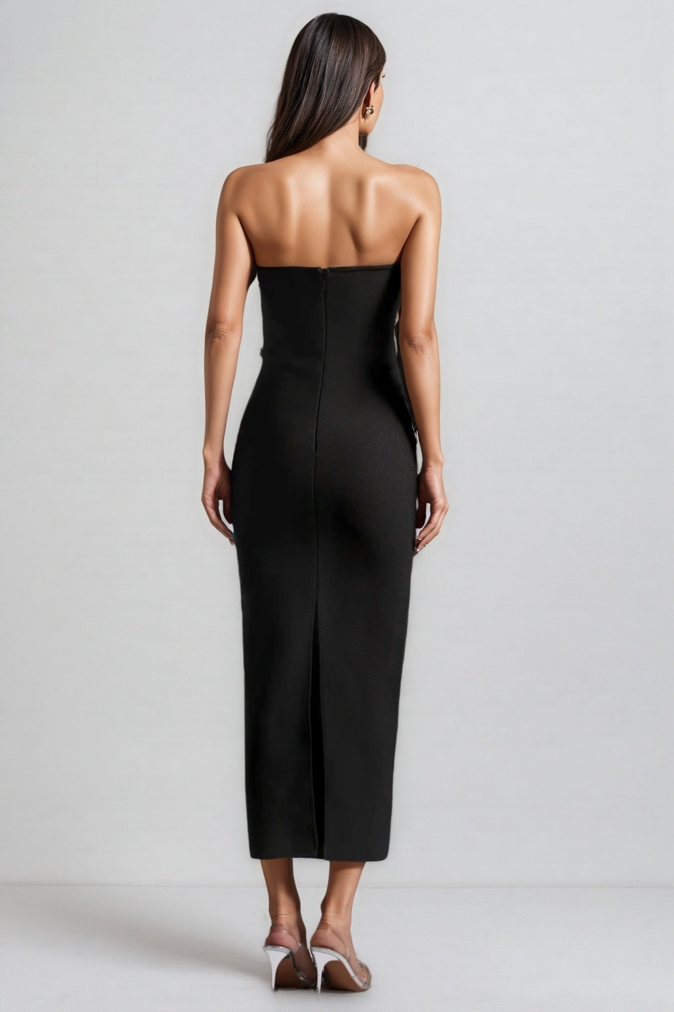 Strapless Crystal Wave Rhinestone Embellished Bandage Midi Dress