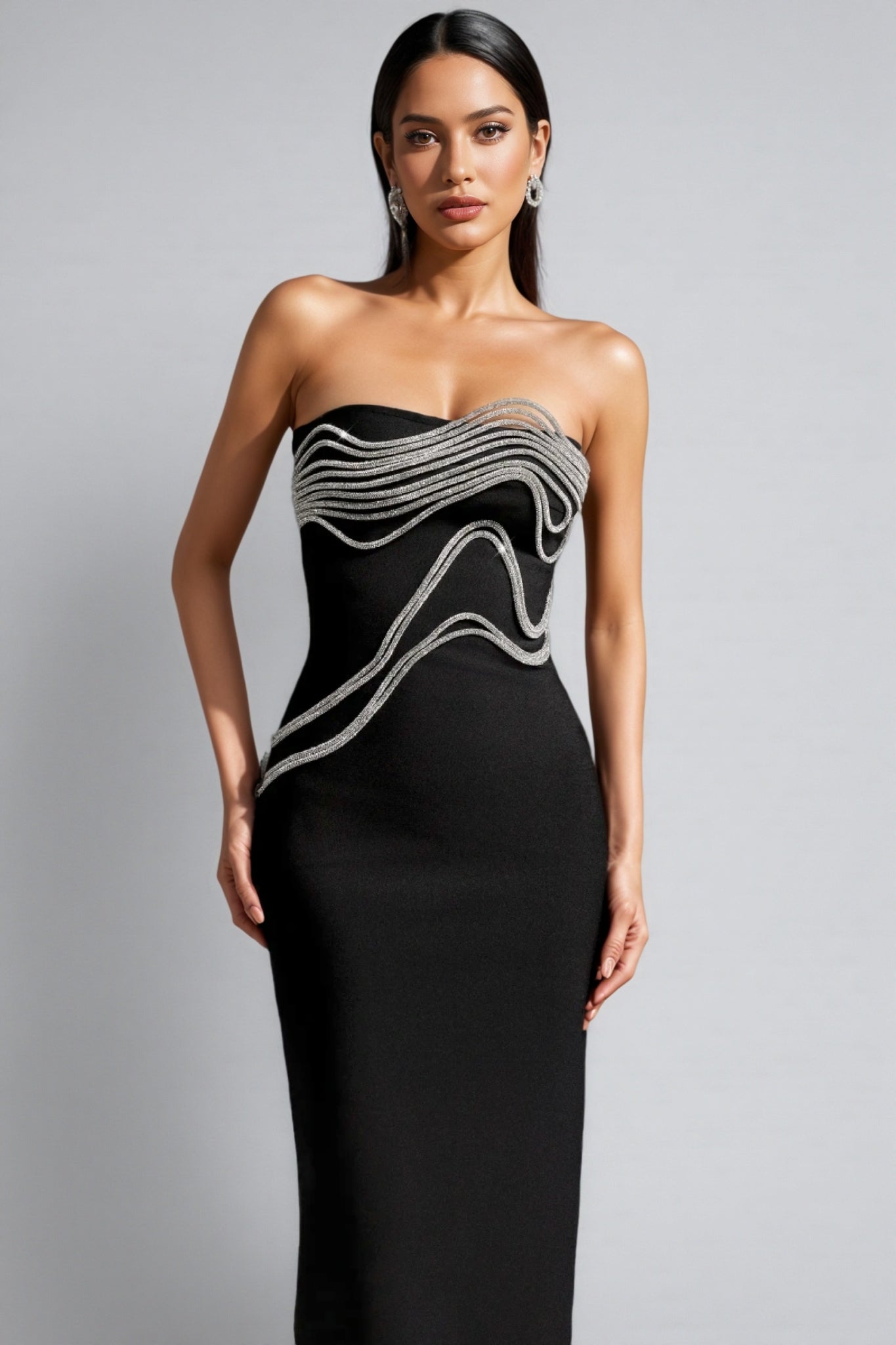Strapless Crystal Wave Rhinestone Embellished Bandage Midi Dress