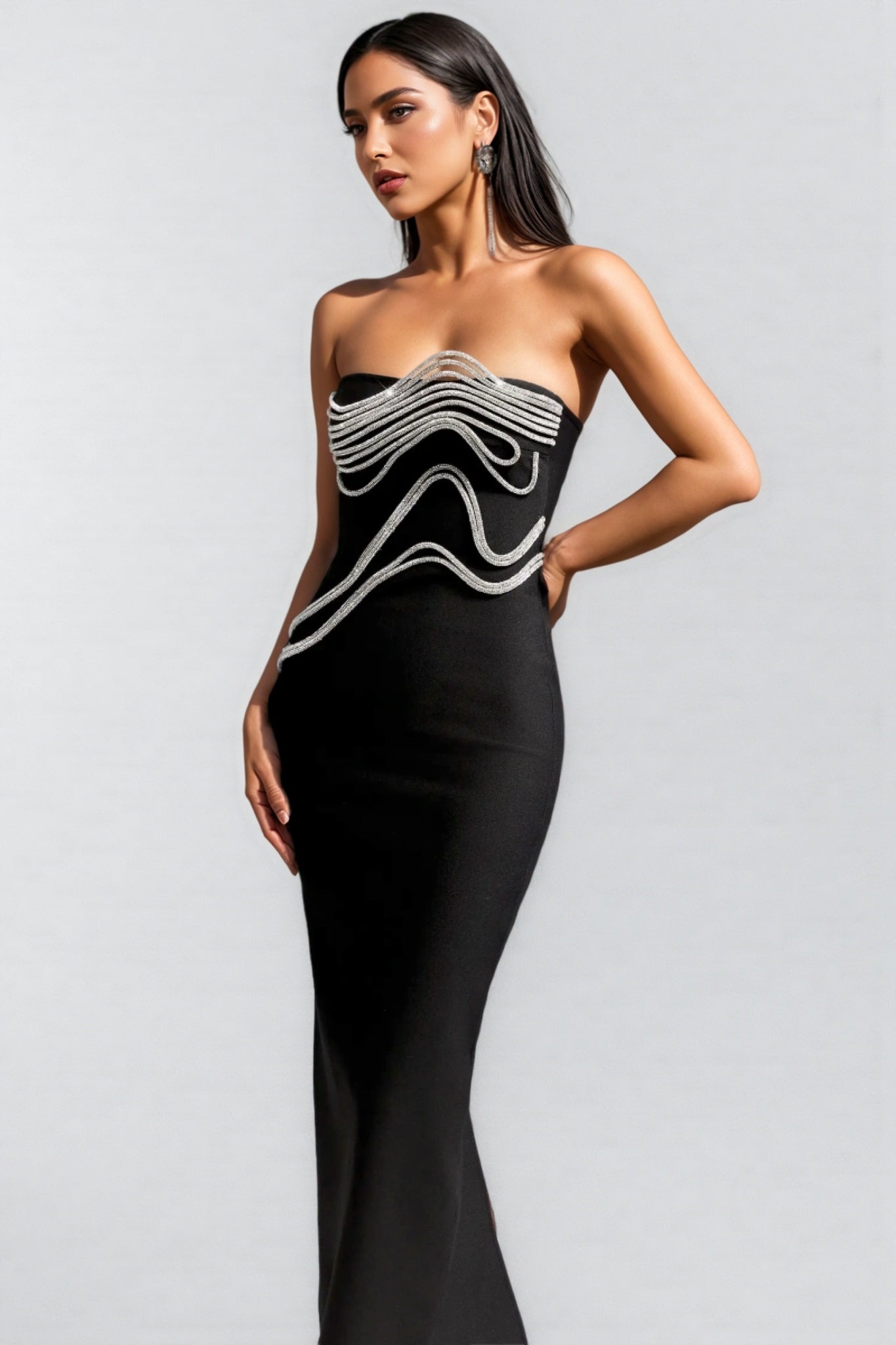 Strapless Crystal Wave Rhinestone Embellished Bandage Midi Dress